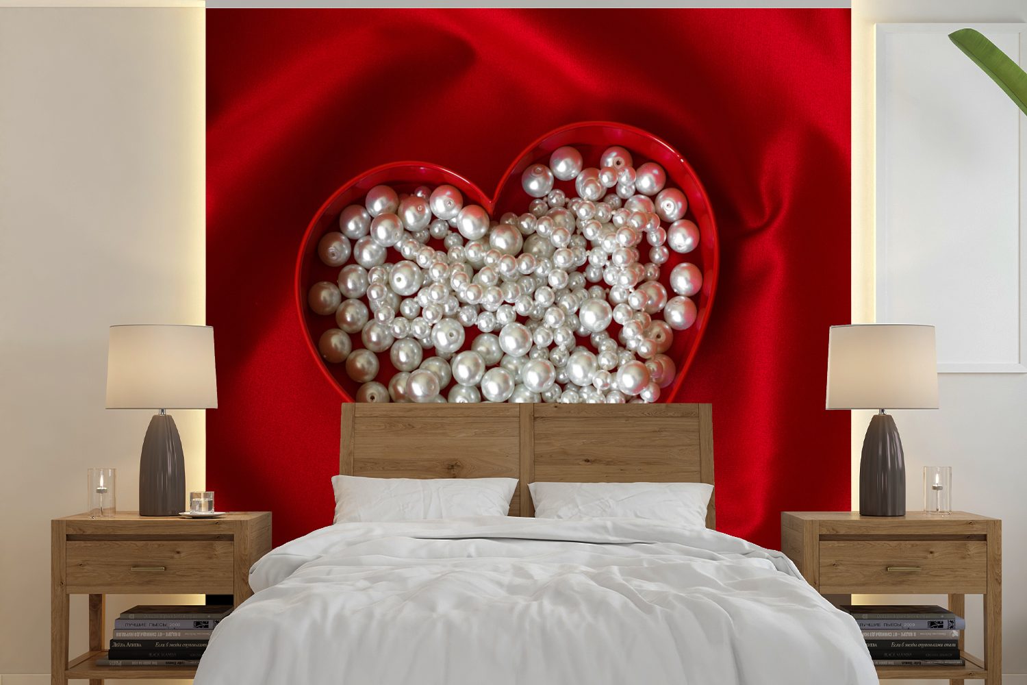 MuchoWow Fototapete Perlen in Herzform auf Seidenhintergrund, Matt, bedruckt, (5 St), Vinyl Tapete für Wohnzimmer oder Schlafzimmer, Wandtapete