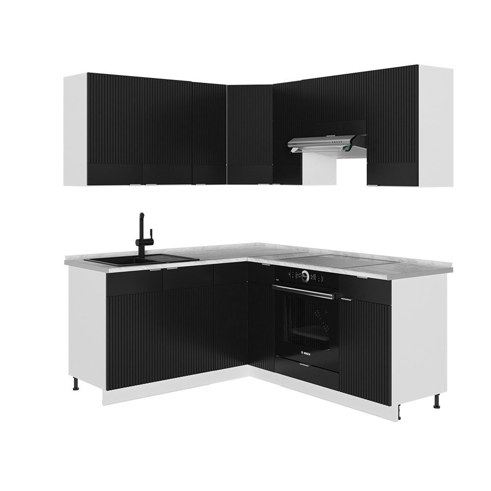 Vicco Winkelküche Fame-Line, Schwarz gestreift/Weiß/Weiß, 160 x 190 cm, AP Marmor