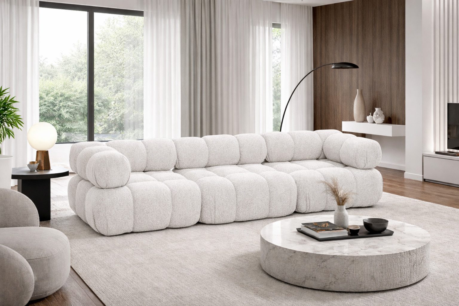Kaiser Möbel Sofa Modulares 3-Sitzer-Sofa, gerade Couch, Bouclé-Stoff Abriamo, Selia, Bouclé-Stoff Abriamo,modulares System,weiche, abgerundete Form