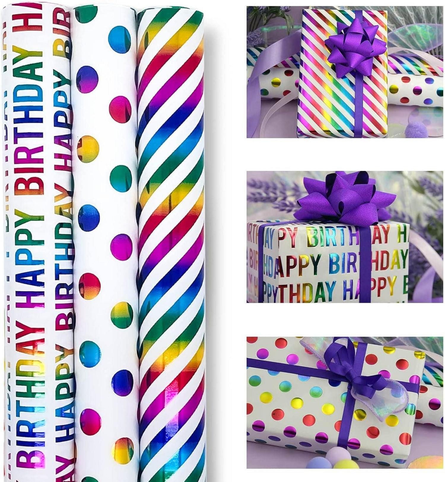 LuxusKollektion Geschenkpapier 3er Set Regenbogen Glitzer Geschenkpapier Rolle 43cm x 3m - für