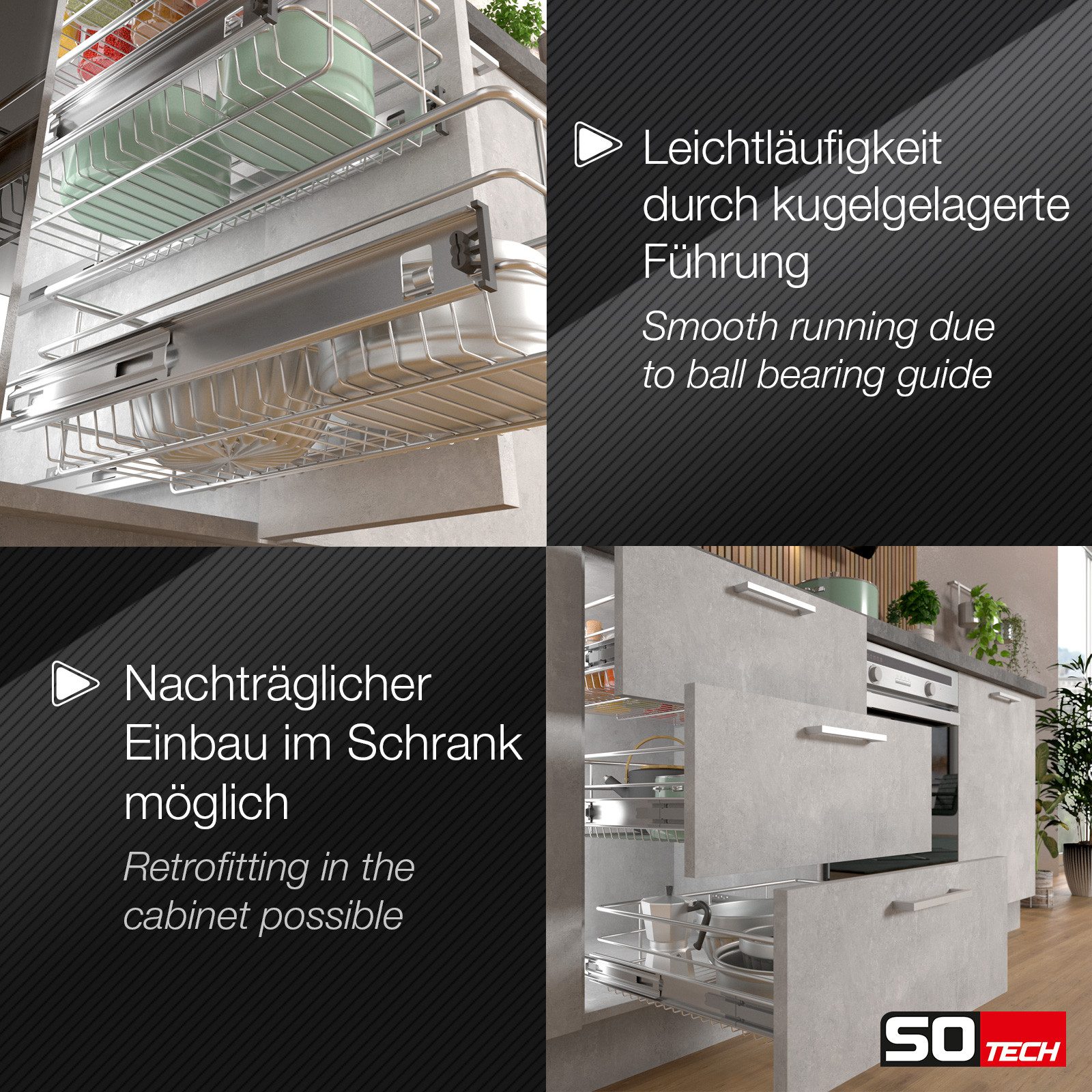 SO-TECH® Schublade Drahtkorbauszug Teleskopauszug zum Nachrüsten, kugelgelagert, Breite 60 cm Teleskopschublade mit Befestigungsmaterial
