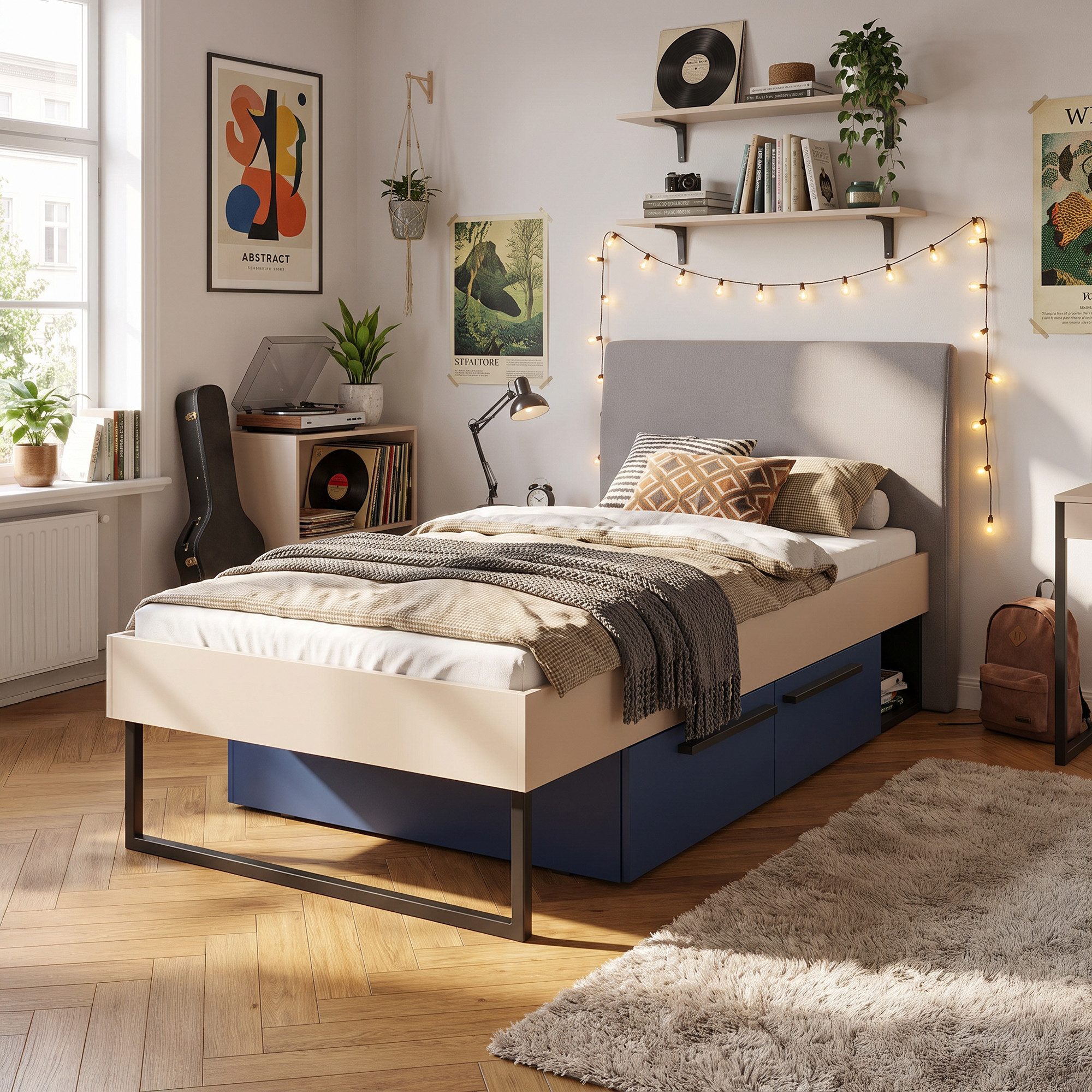 Lomadox Bett SCHAKI-133, in Beige, 90x200 cm Liegerfläche, Polsterkopfteil