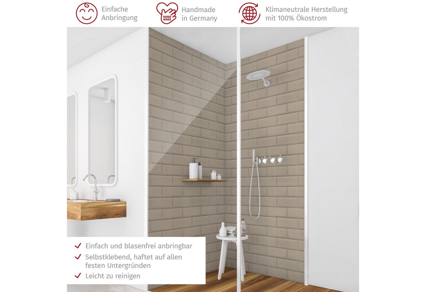 Thumbnail - Bilderdepot24 Badrückwand Fliesenoptik braun Duschrückwand ohne Bohren Dusche, (2-tlg., Hart-Folie Premium matt 0,61 mm)...