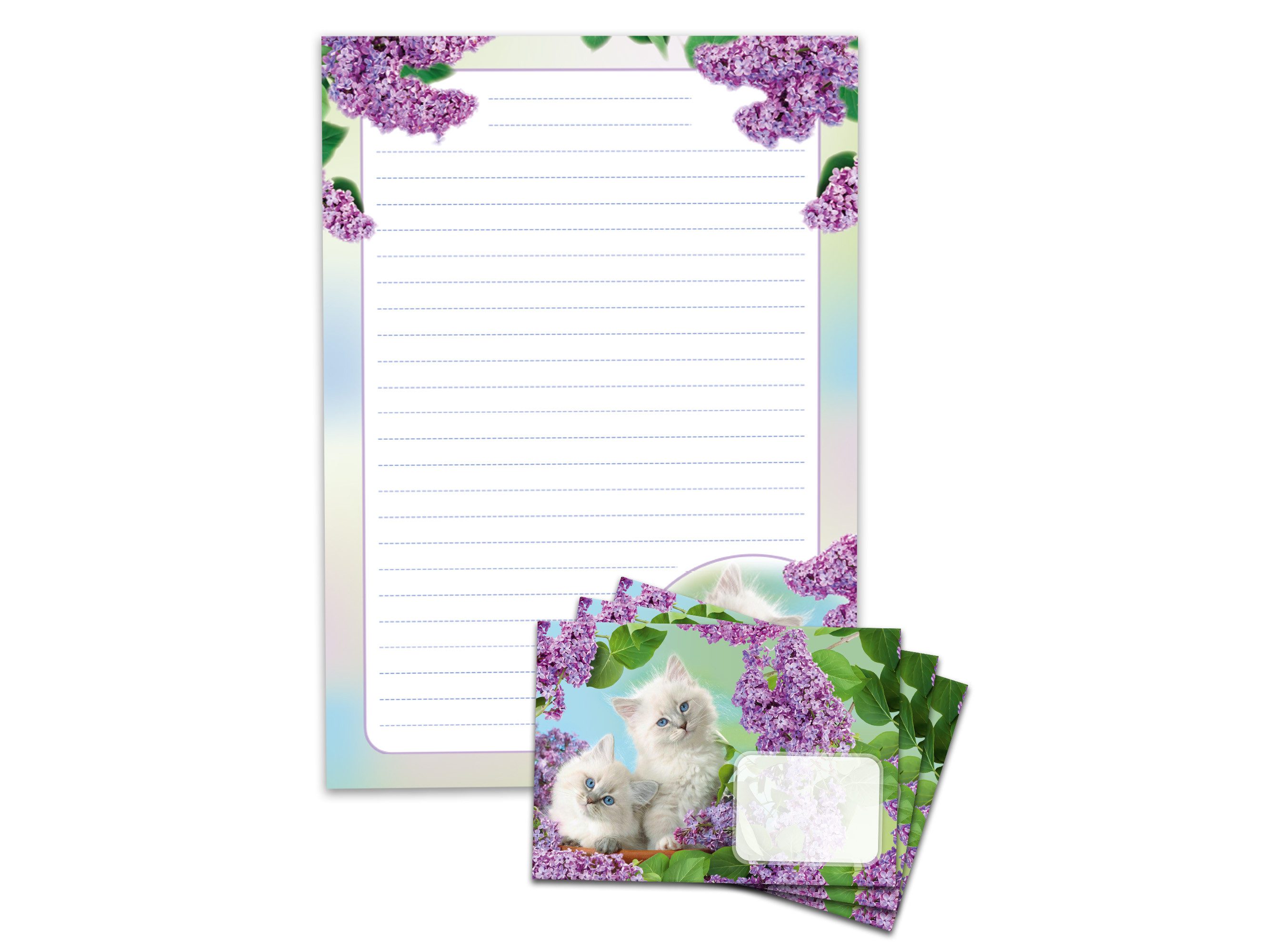 JUNAPACK Briefpapier Set Kinder Briefblock A4 mit Umschlägen Notizblock Papier Katzen lila, Kinder-Briefpapier A4 mit 15 Umschlägen, liniert & leicht beschreibbar