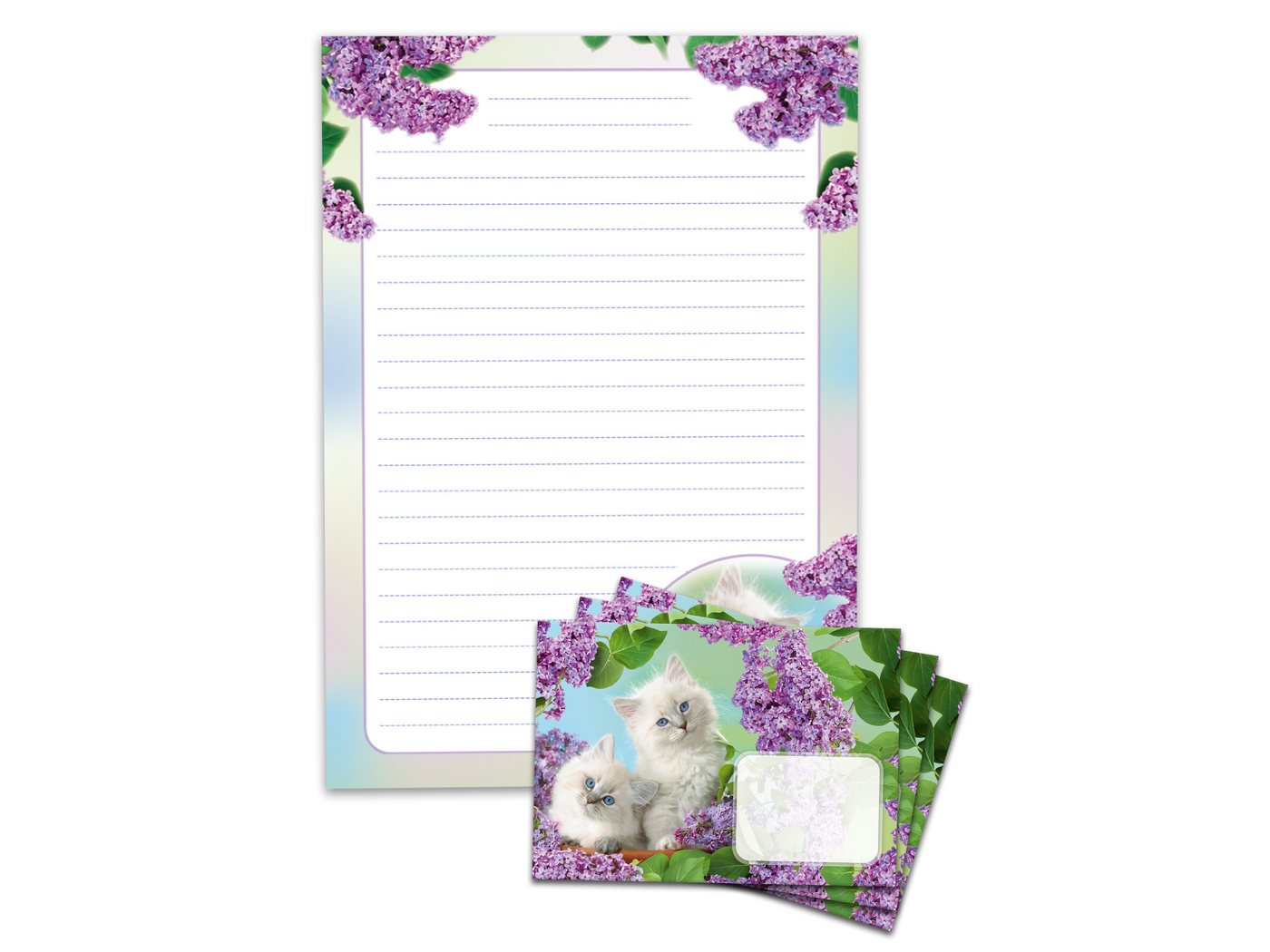 JUNAPACK Briefpapier Set Kinder Briefblock A4 mit Umschlägen Notizblock Papier Katzen lila, Kinder-Briefpapier A4 mit 15 Umschlägen, liniert & leicht beschreibbar