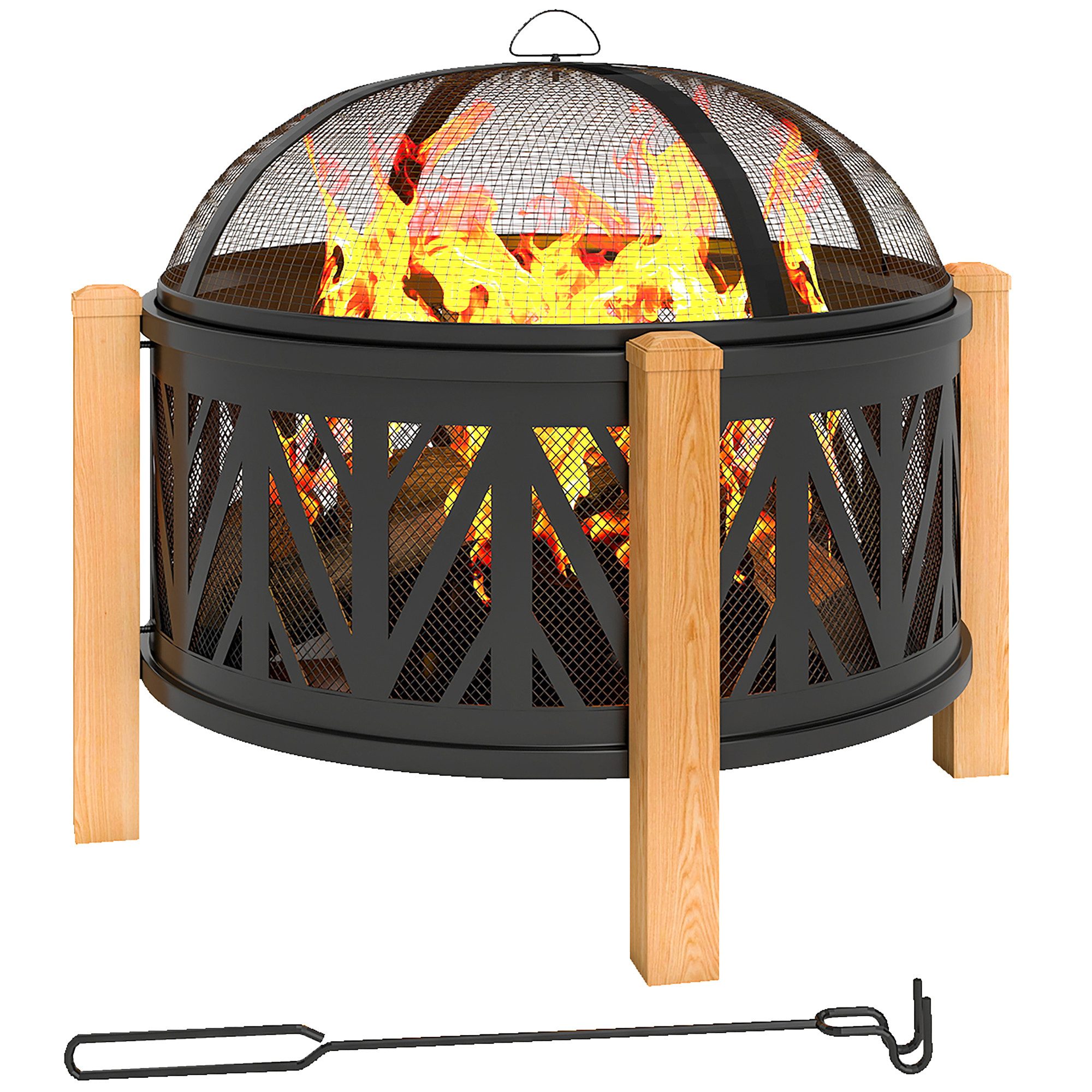 Outsunny Feuerschale Grillrost Ø75x58cm mit Funkenschutz Schürhaken Feuerschalen, (2-in-1 Feuerstelle, 4-St., Feuerkorb), für Garten, Balkon Terrasse, Outdoor BBQ Camping Schwarz+Braun