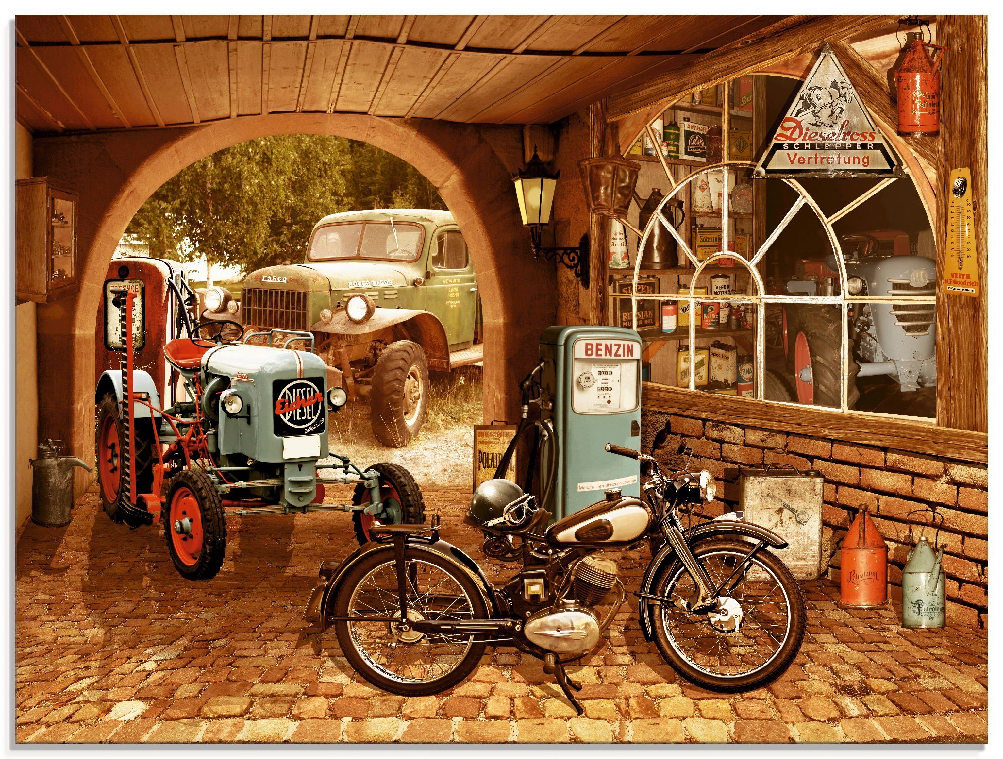 Artland Glasbild Werkstatt mit Traktor und Motorrad, Traktoren (1 St), in verschiedenen Größen
