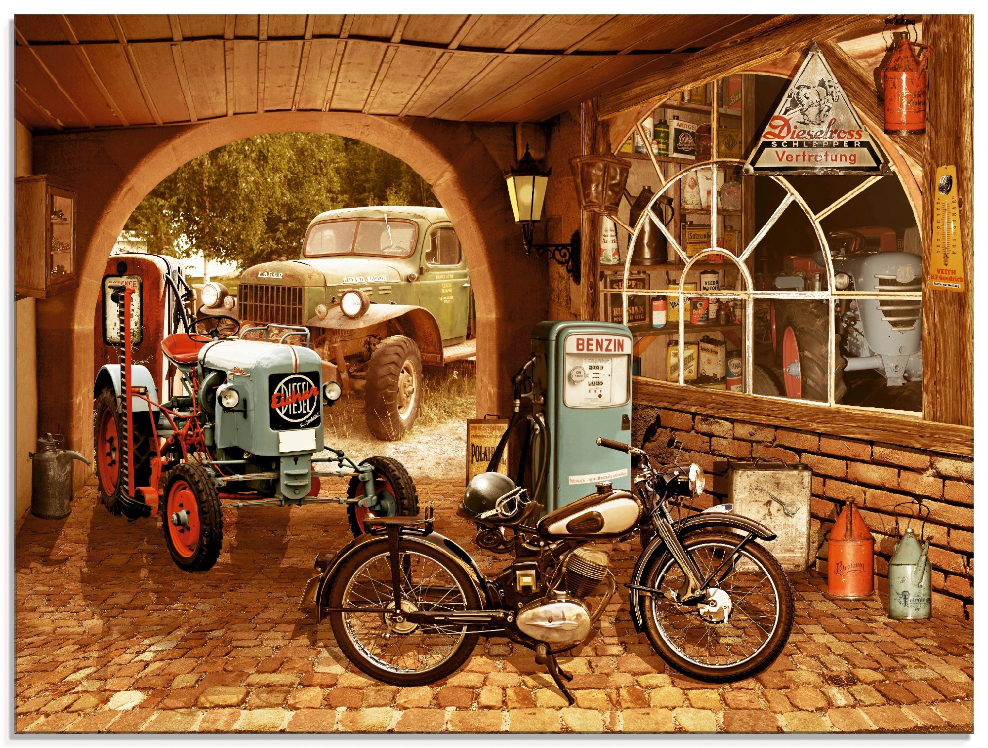 Artland Glasbild »Werkstatt mit Traktor und Motorrad«, Traktoren (1 Stück)-Otto