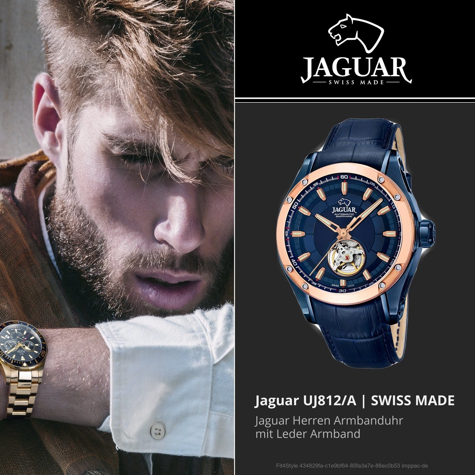 JAGUAR Quarzuhr Jaguar Leder (ca. Gehäuse, Uhr groß J812/A Herrenuhr Elegant-S Lederarmband, Automatik, mit 44mm), rundes Herren