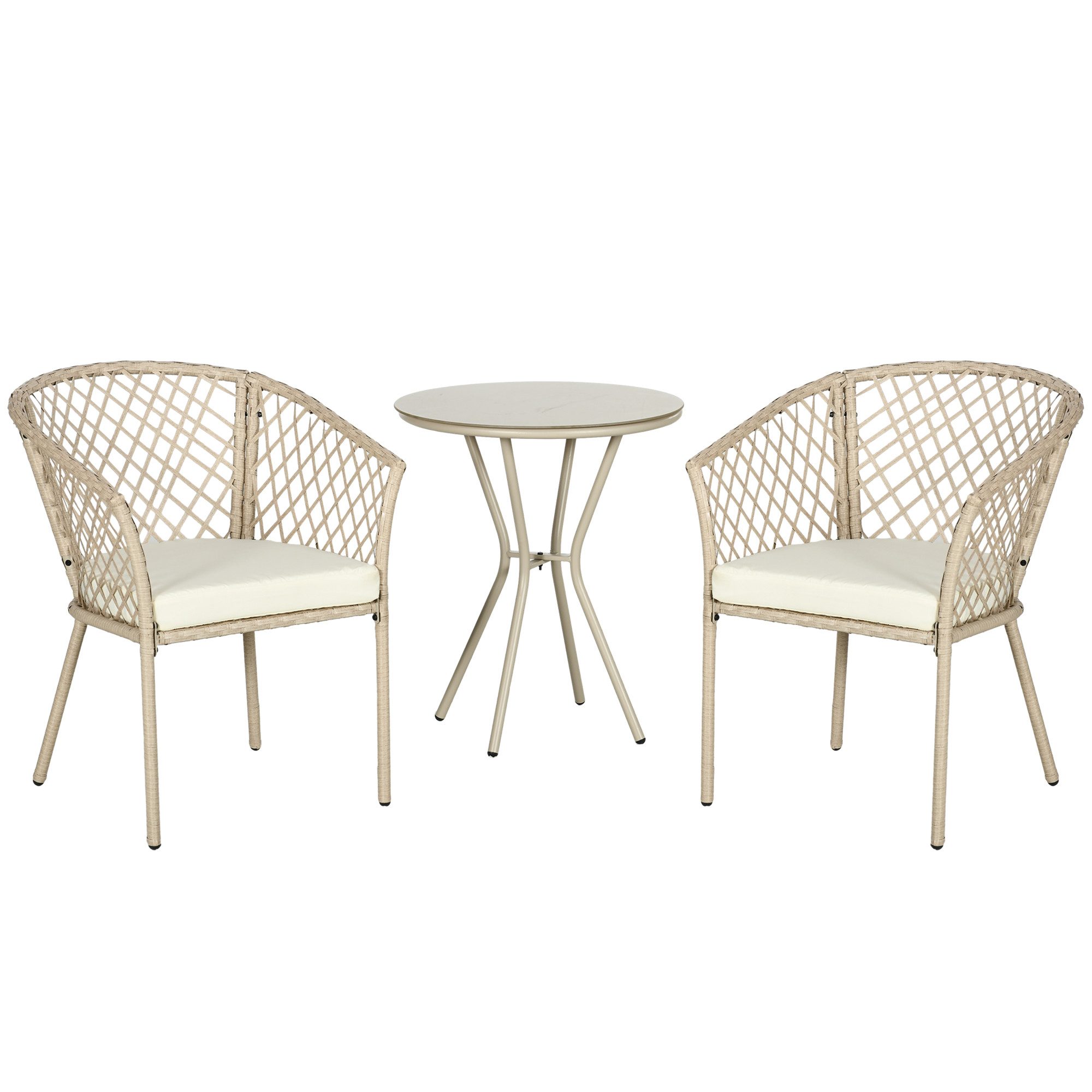 Outsunny Gartenlounge-Set Rattan Gartenmöbel-Set 3-tlg. Gartengarnitur mit Couchtisch, 2 Stühlen, (Balkonmöbel-Set, 3-tlg., Gartensitzgruppe), für Balkon, Terrasse, Khaki