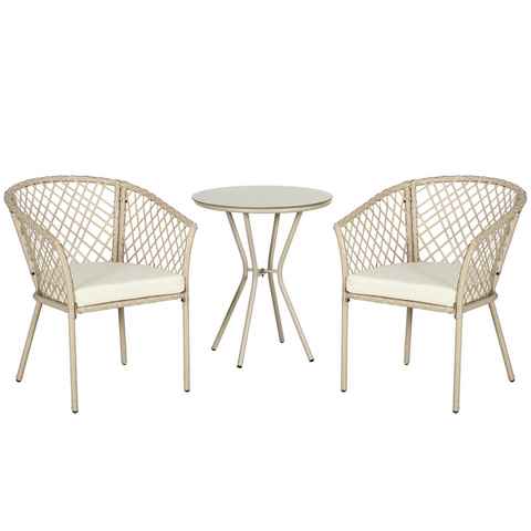 Outsunny Gartenlounge-Set Rattan Gartenmöbel-Set 3-tlg. Gartengarnitur mit Couchtisch, 2 Stühlen, (Balkonmöbel-Set, 3-tlg., Gartensitzgruppe), für Balkon, Terrasse, Khaki