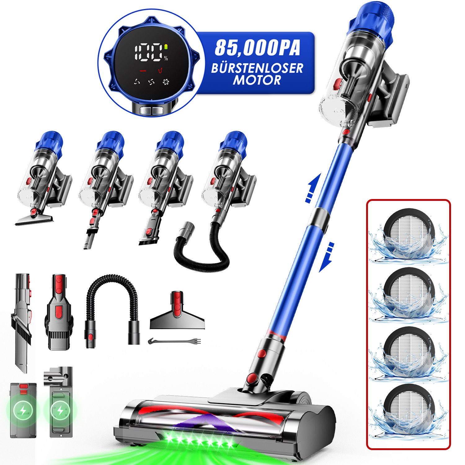 Hiazurm Akku-Hand-und Stielstaubsauger Akku Staubsauger,85000Pa/2.8L/70min OLED-Display Staubsauger Kabellos, 3 Stufen Bürstenloser Motor Stabstaubsauger Grüne Schmutz-Erkennung, Akkusauger für Tierhaare, Teppich & Auto