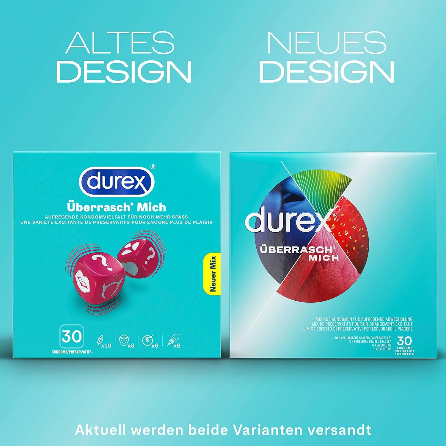 durex Kondome Überrasch Mich mit 4 verschiedenen Kondomsorten zum Ausprobieren Ausprobierset, 30 St., Für unterschiedlichste Bedürfnisse