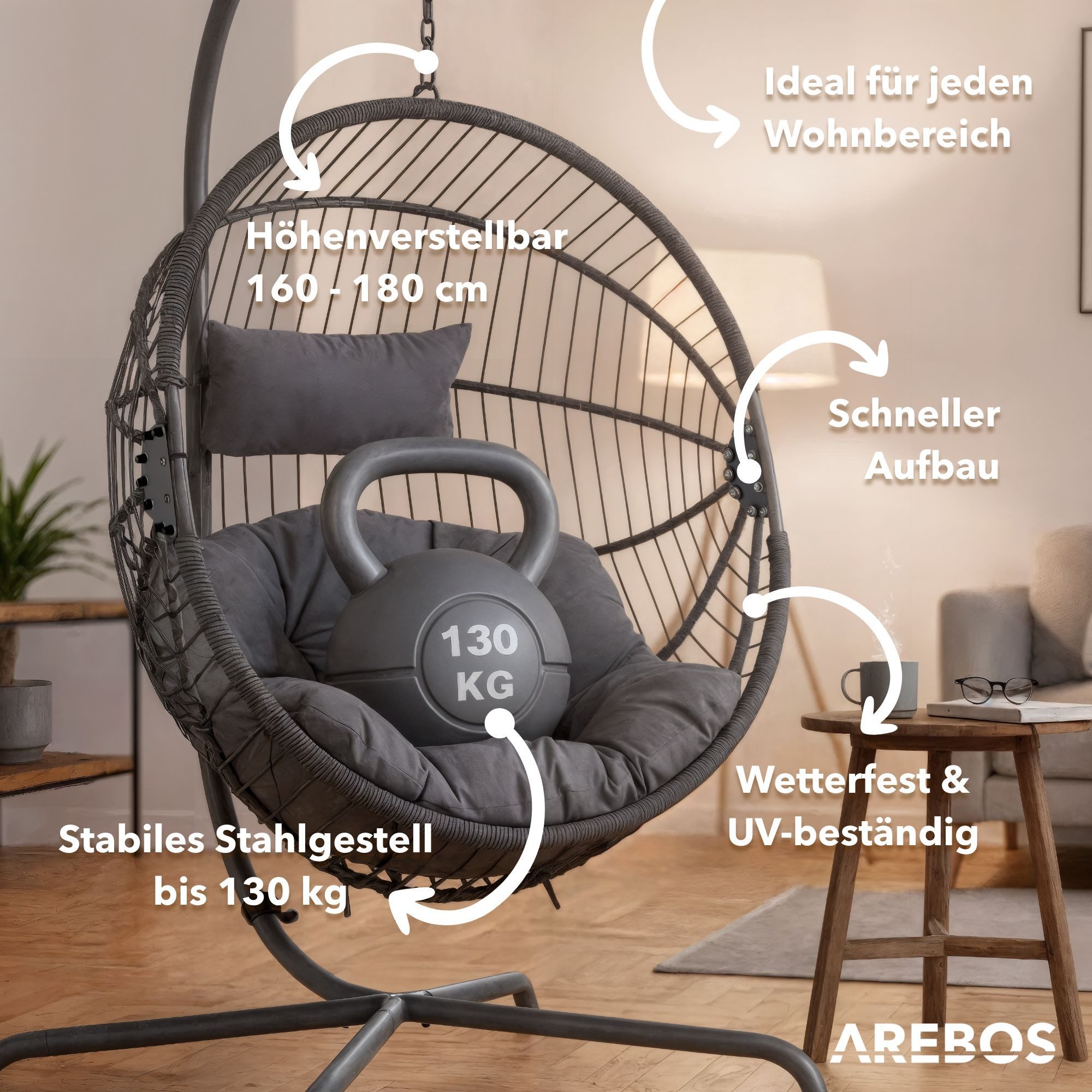 Arebos Hängesessel höhenverstellbar - für Indoor & Outdoor belastbar bis 130 kg, Freistehender Hängesessel im Rope-Design, 360° drehbar
