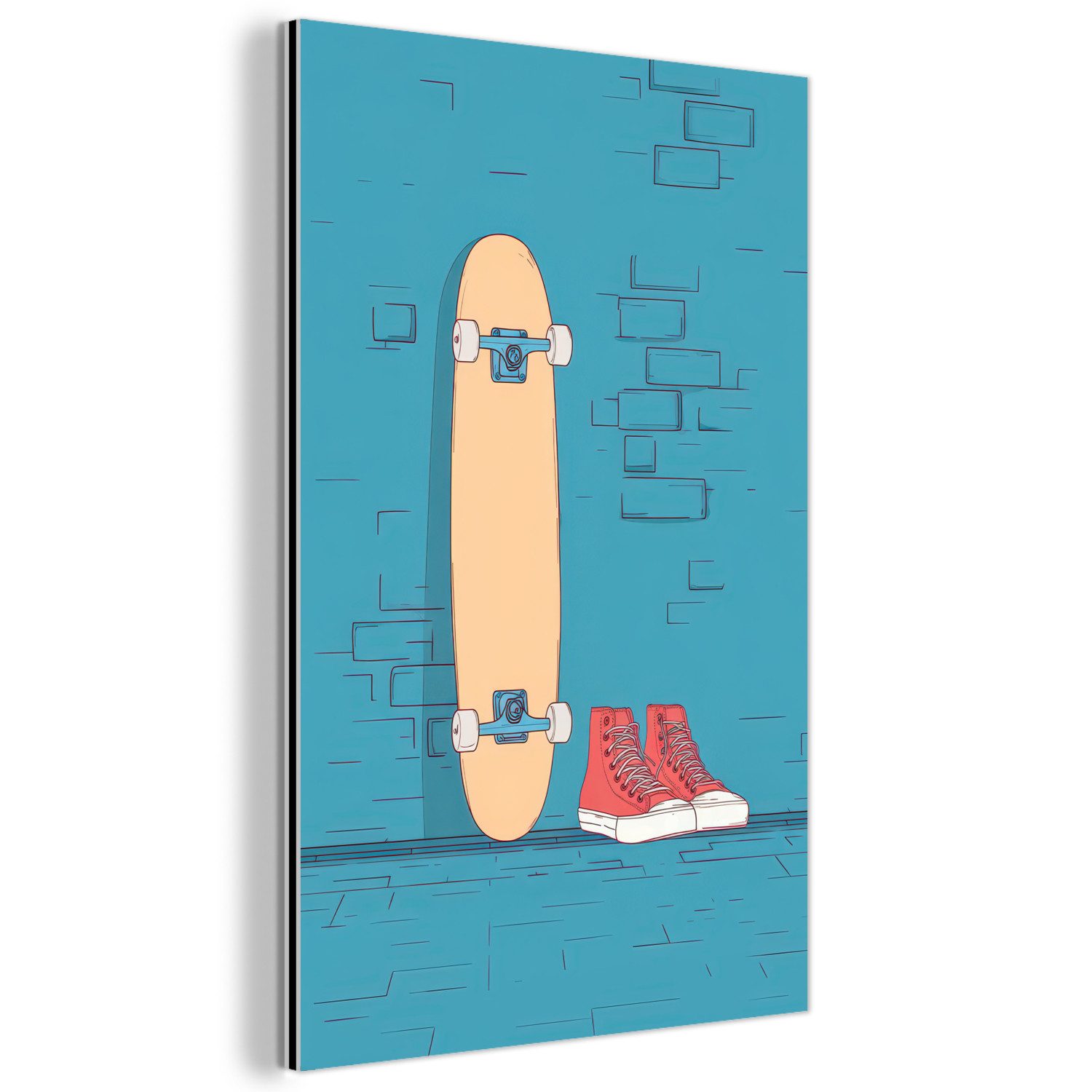 MuchoWow Metallbild Skateboard - Gymnastikschuhe - Rot - Minimalistisch, Inkl. Aufhängung, Alu-Dibond-Druck, Dekoration aus Metall, Aluminium deko, 80x120 cm