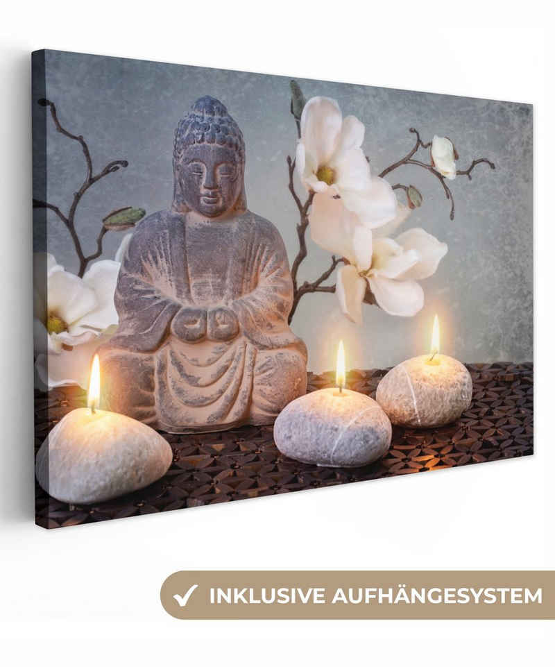 OneMillionCanvasses® Leinwandbild Buddha - Kerzen - Grau, (1 St), Wandbild Leinwandbilder, Aufhängefertig, Wanddeko, 30x20 cm