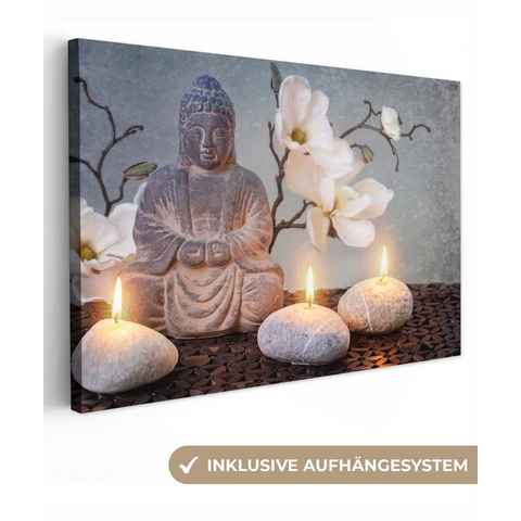 OneMillionCanvasses® Leinwandbild Buddha - Kerzen - Grau, (1 St), Wandbild Leinwandbilder, Aufhängefertig, Wanddeko, 30x20 cm