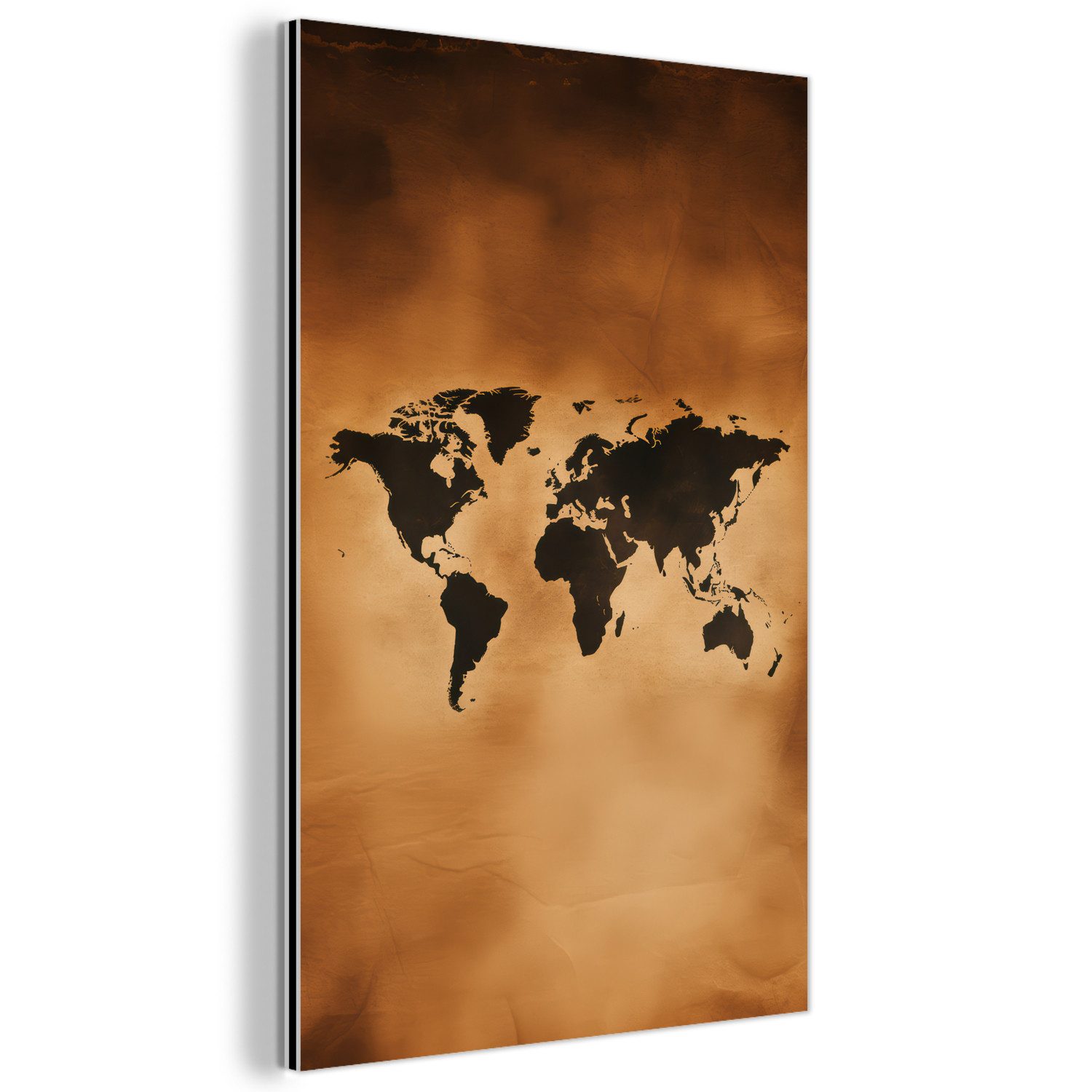 MuchoWow Metallbild Weltkarte - Braun - Karte, Inkl. Aufhängung, Alu-Dibond-Druck, Wanddeko aus Metall, Aluminium deko, 60x90 cm