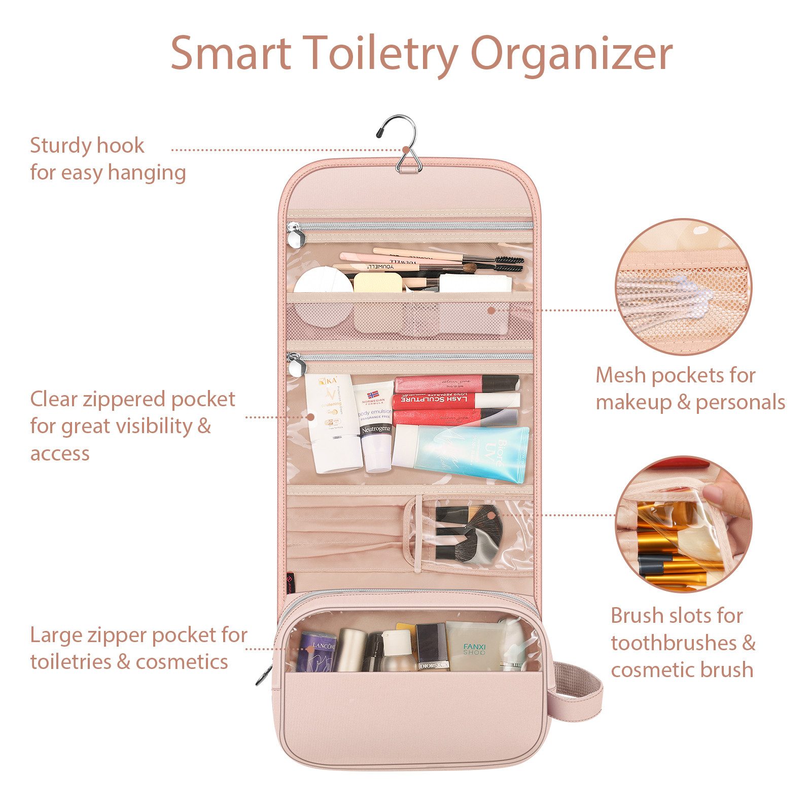 Fintie Kulturbeutel Tragbare Kulturtasche Kosmetiktasche Reisetasche, Große wasserdichte, Aufhängen Make-up Organizer Stauraum Tasche für Damen Mädchen