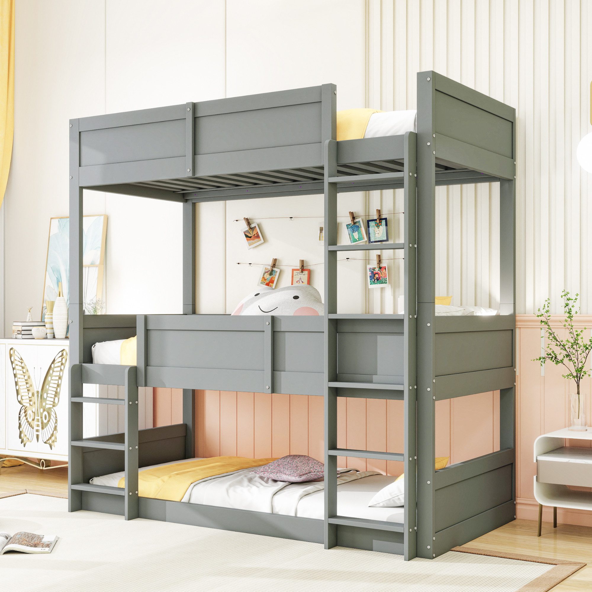 Flieks Etagenbett, umwandelbares Kinderbett Dreierbett 90x200cm mit 2 Set Lattenrost