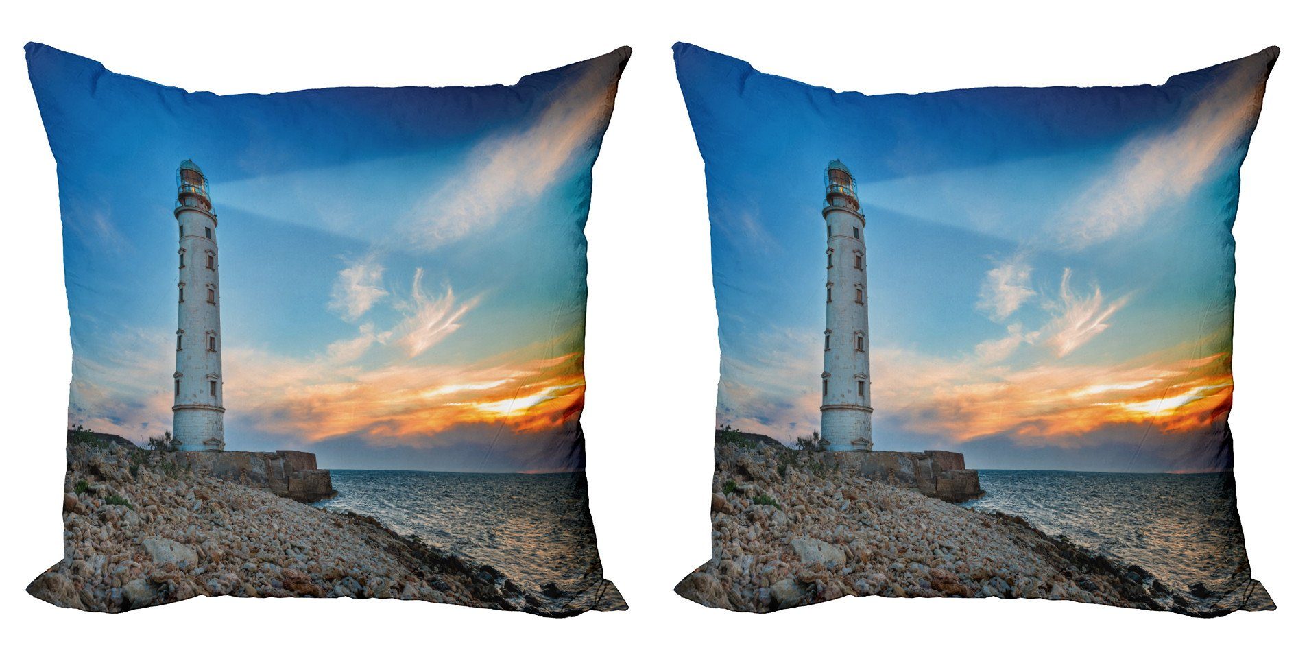 Abakuhaus Подушкиbezüge Modern Accent Doppelseitiger Digitaldruck, (2 Stück), maritim Leuchtturm am Sonnenuntergang Meer