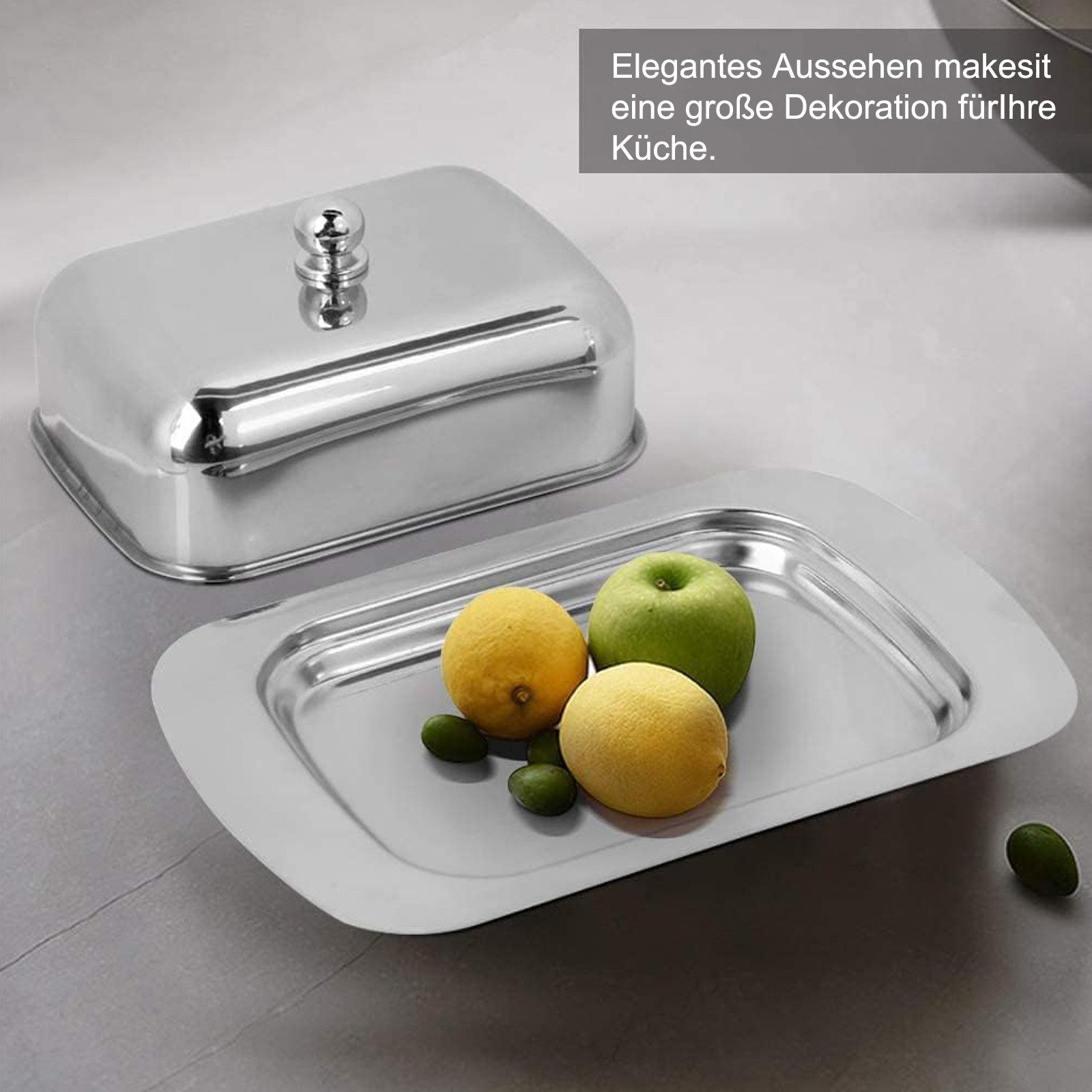 HAUSS SPOLE Butterdose Edelstahl Dessertschale Käsebrotbox mit Deckel Butterbehälter, Edelstahl, (Butterplatte Dessertteller 19 x 12.4 x 4.3 cm mit Griff, 1-tlg., spülmaschinenfest, mit Deckel, 250 g Butter, Lebensmittelbehälter), für Butter Kuchen Desserts Brot und kleinen Früchten Käse usw