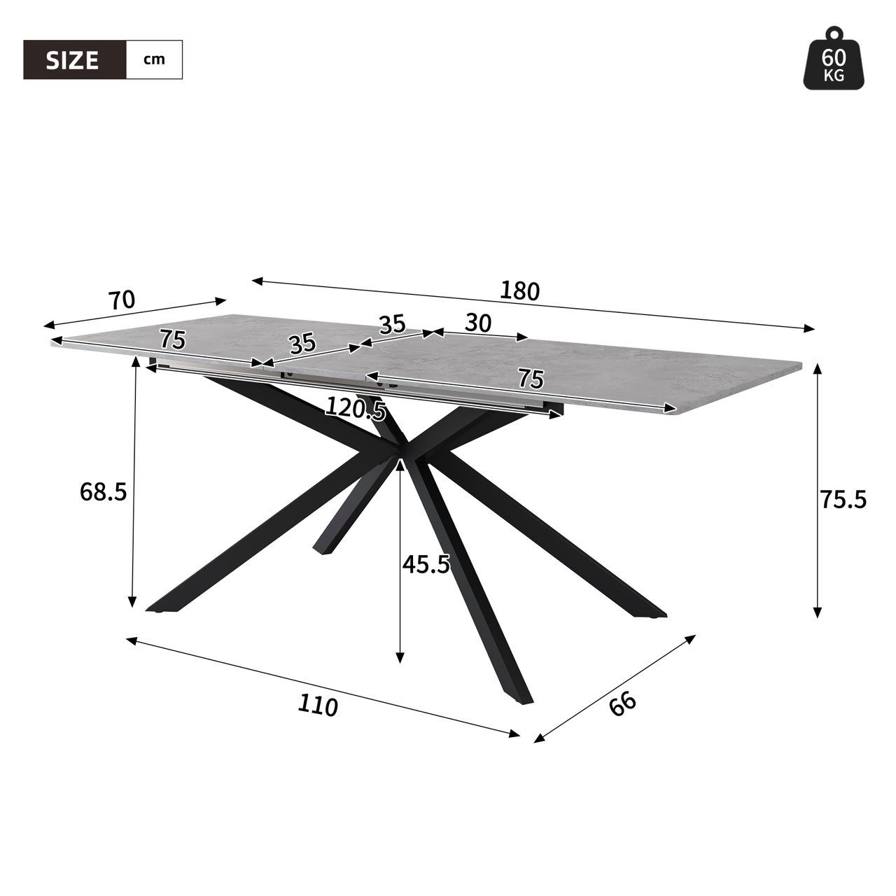 KLAM HOME Esstisch Erweiterbarer Esstisch Mit Automatischem Auszug Und Marmorstruktur (Modernes Kreuzbein Design In Schwarz Und Weiß Für Küche Und Wohnzimmer),  – Bild 3 von 5