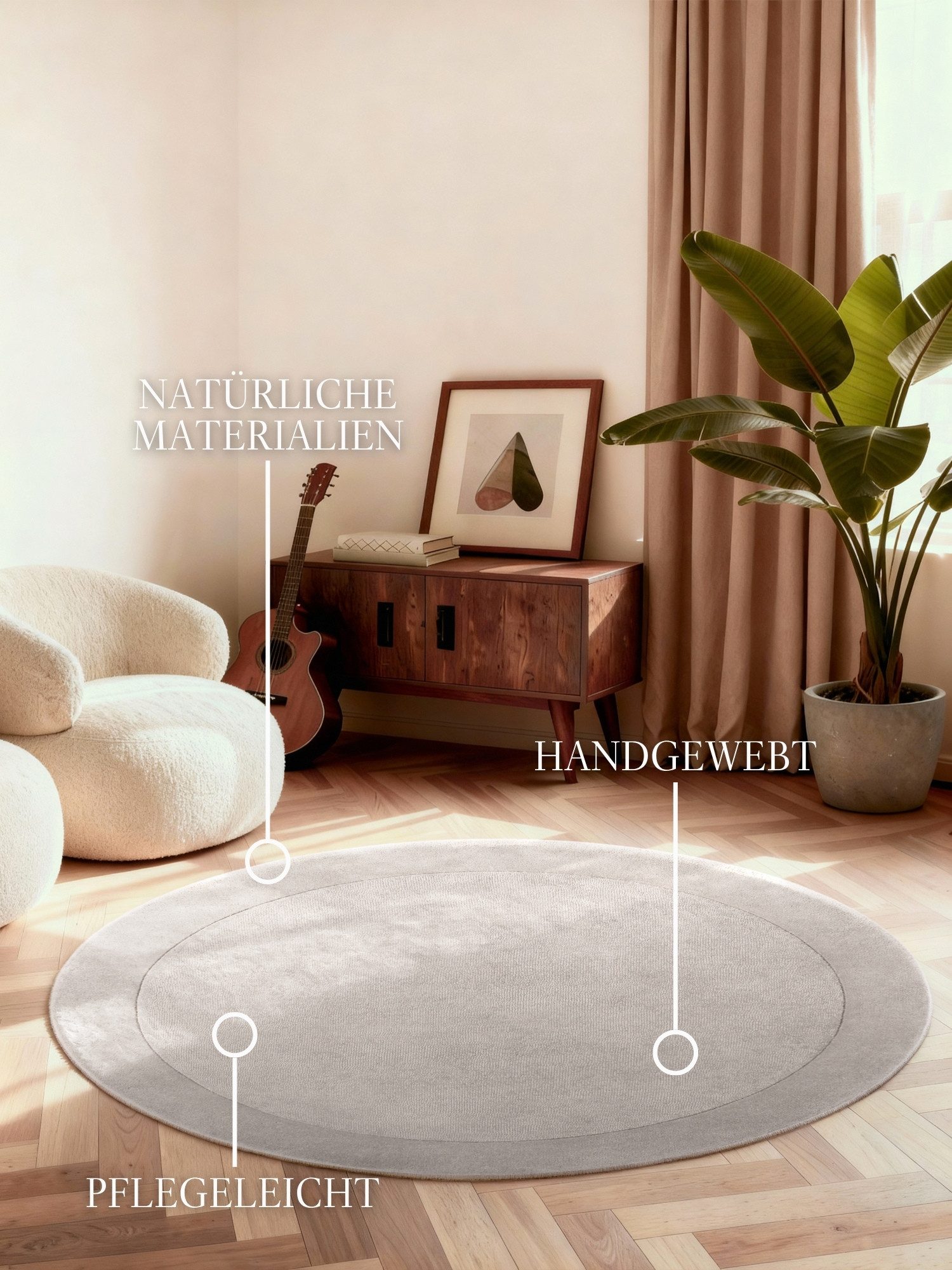 Villeroy & Boch Teppich Wollteppich Kivi, rund, Höhe: 17 mm, Handgewebt, Wolle, Bordüre, Einfarbig, Läufer, Wohnzimmer, Organisch – Bild 2 von 5