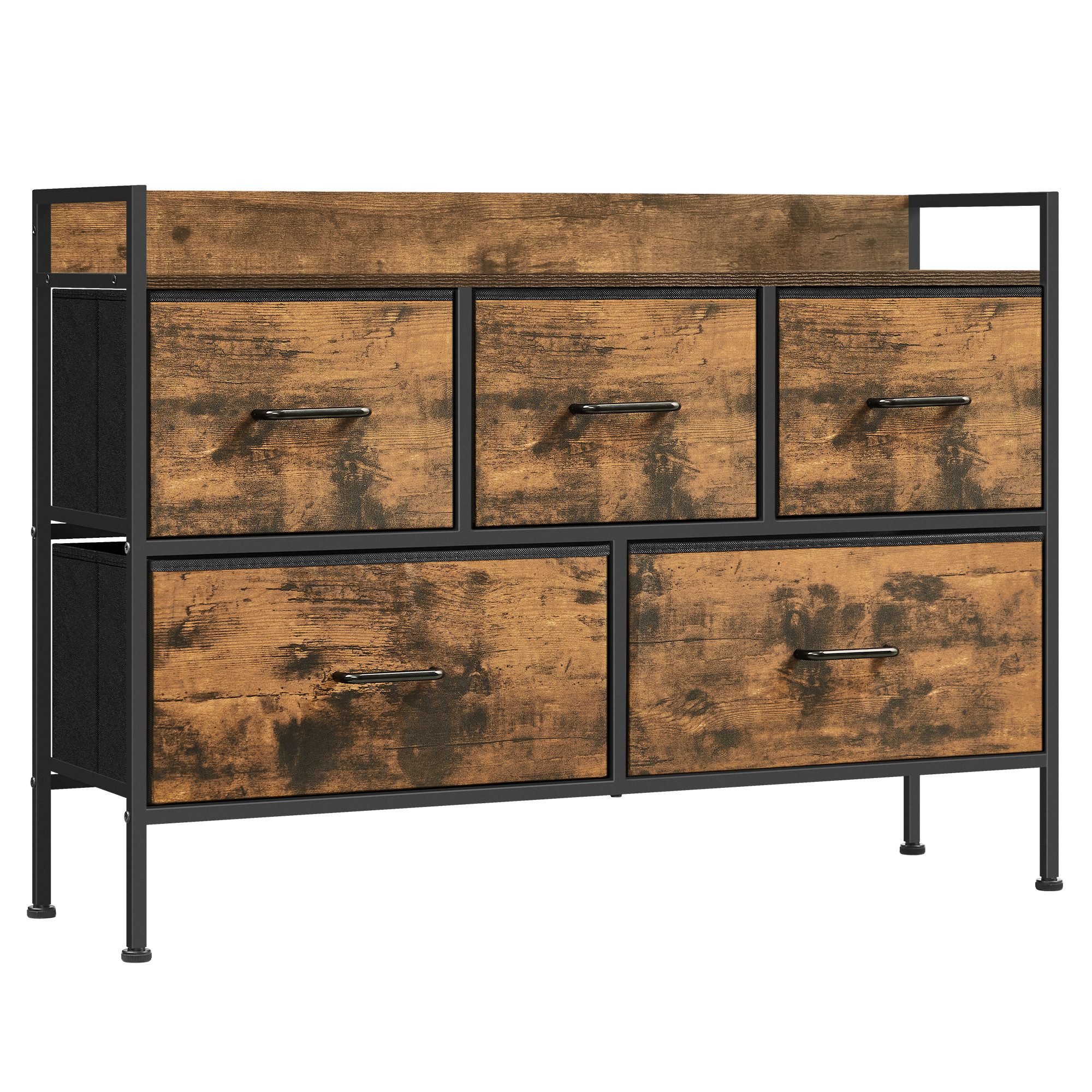 SONGMICS Kommode Schrank Schlafzimmer, Stahlrahmen, Sideboard, Aufbewahrungsschrank 5 Stoffschubladen mit Griffen