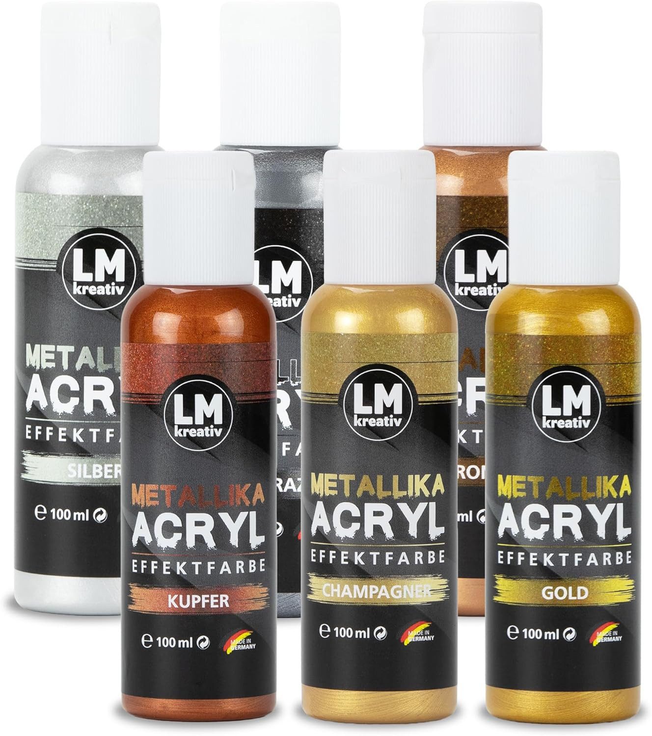 LM-Kreativ Bastelfarbe Metallika Metallic-Acrylfarben Set 6 x 100 ml, Set 6x100 ml, hochpigmentiert, glänzend, kratzfest, wetterfest