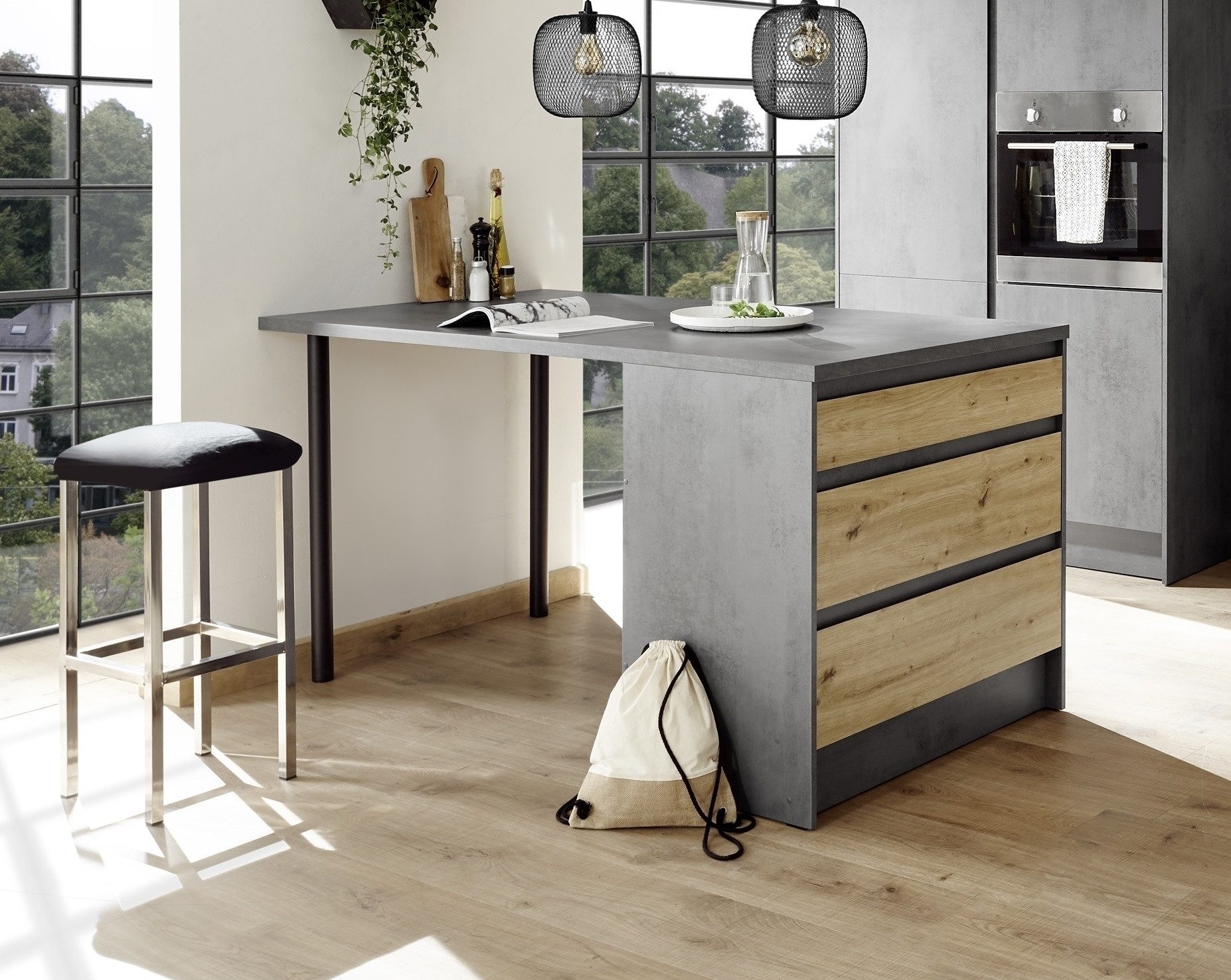 PREISBRECHER Kochinsel Troja, in Chromix Anthrazit / Artisan Eiche - 180x90x90cm (BxHxT)