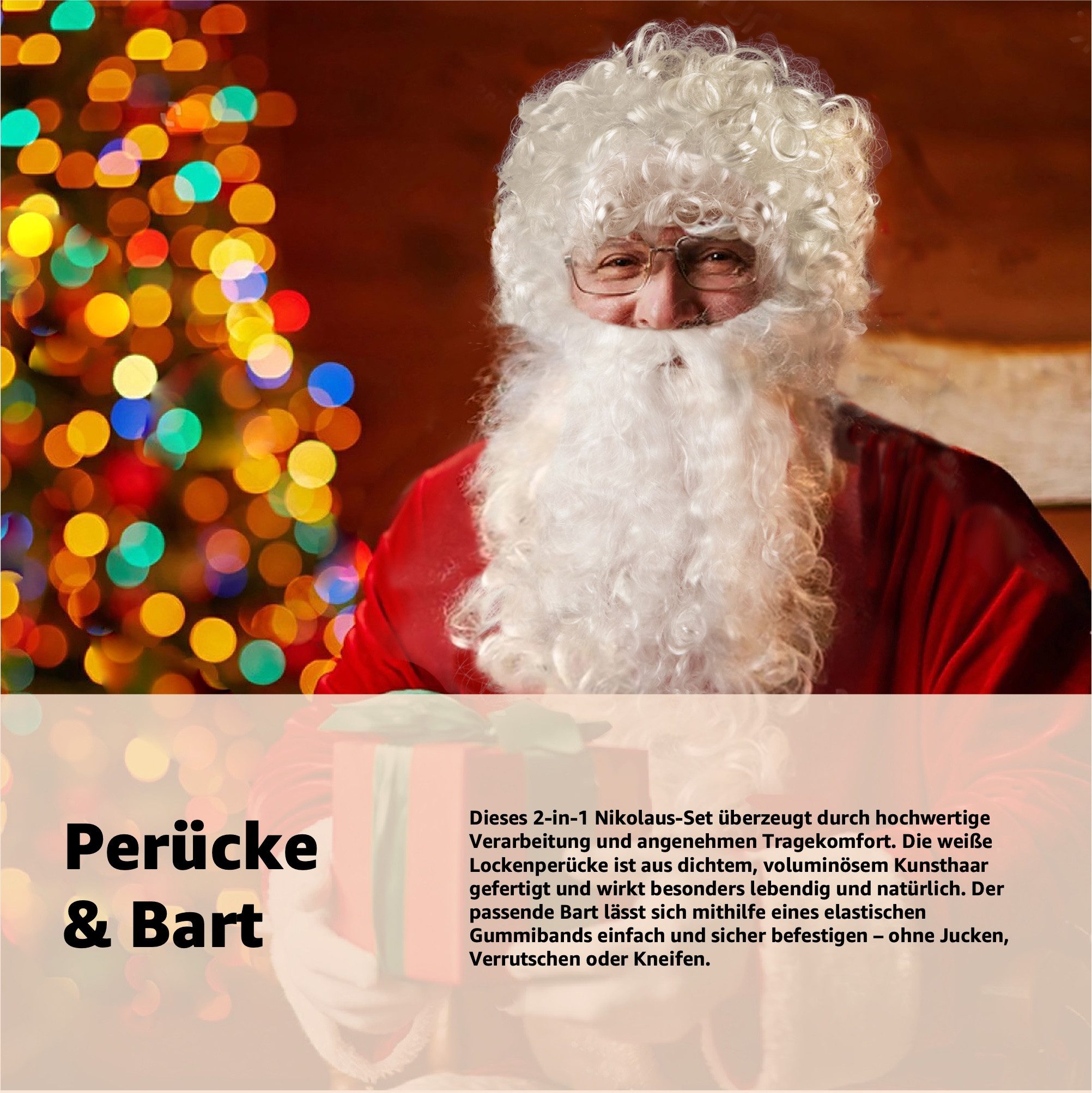 happymas Kostüm-Perücke 2 in 1 - Nikolausbart Set - als Verkleidung für Weihnachtsmann