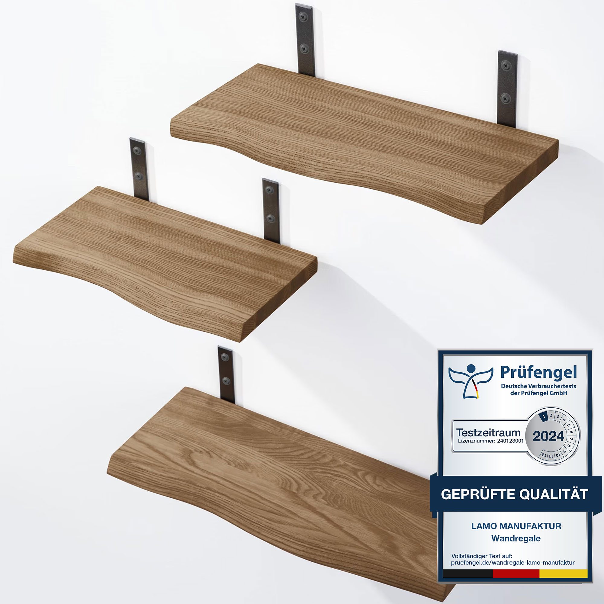 LAMO Manufaktur Wandregal LAMO Manufaktur 3 Stück Wandregal Holz 42/36/30cm, Schweberegal Massiv 100% Echtholz, Wandregale SET 1 Baumkante Farbe: Nussbaum