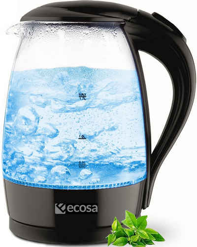 ecosa Wasserkocher EO-680, 1.7 l, 2200 W, Glaswasserkocher, Blaue LED-Beleuchtung, BPA-frei