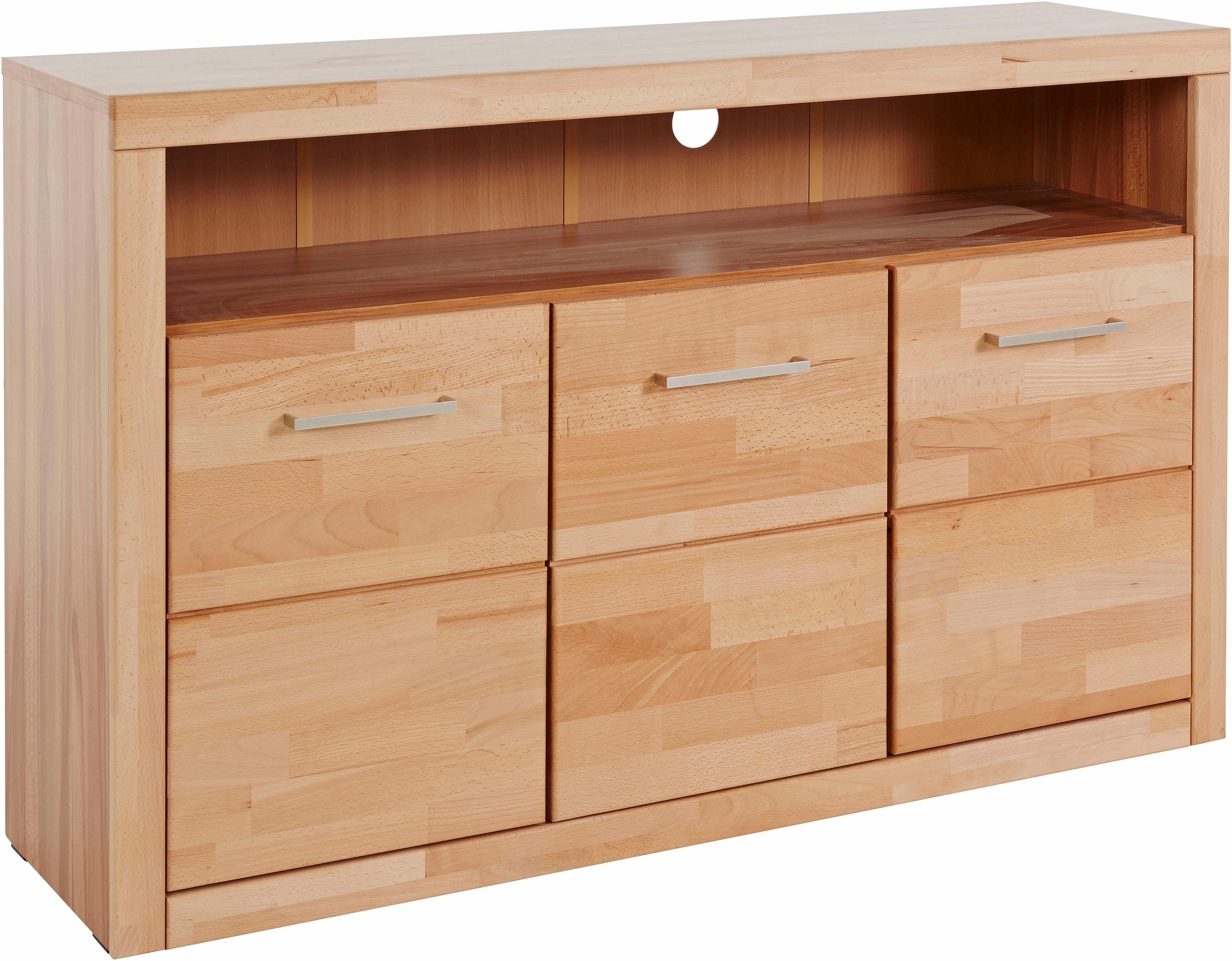 OTTO home Sideboard Ribe,130cm breit, Fronten Massivholz,7 Fächer, Holz massiv, Holzwerkstoff, Metall Griffe,3 Türen