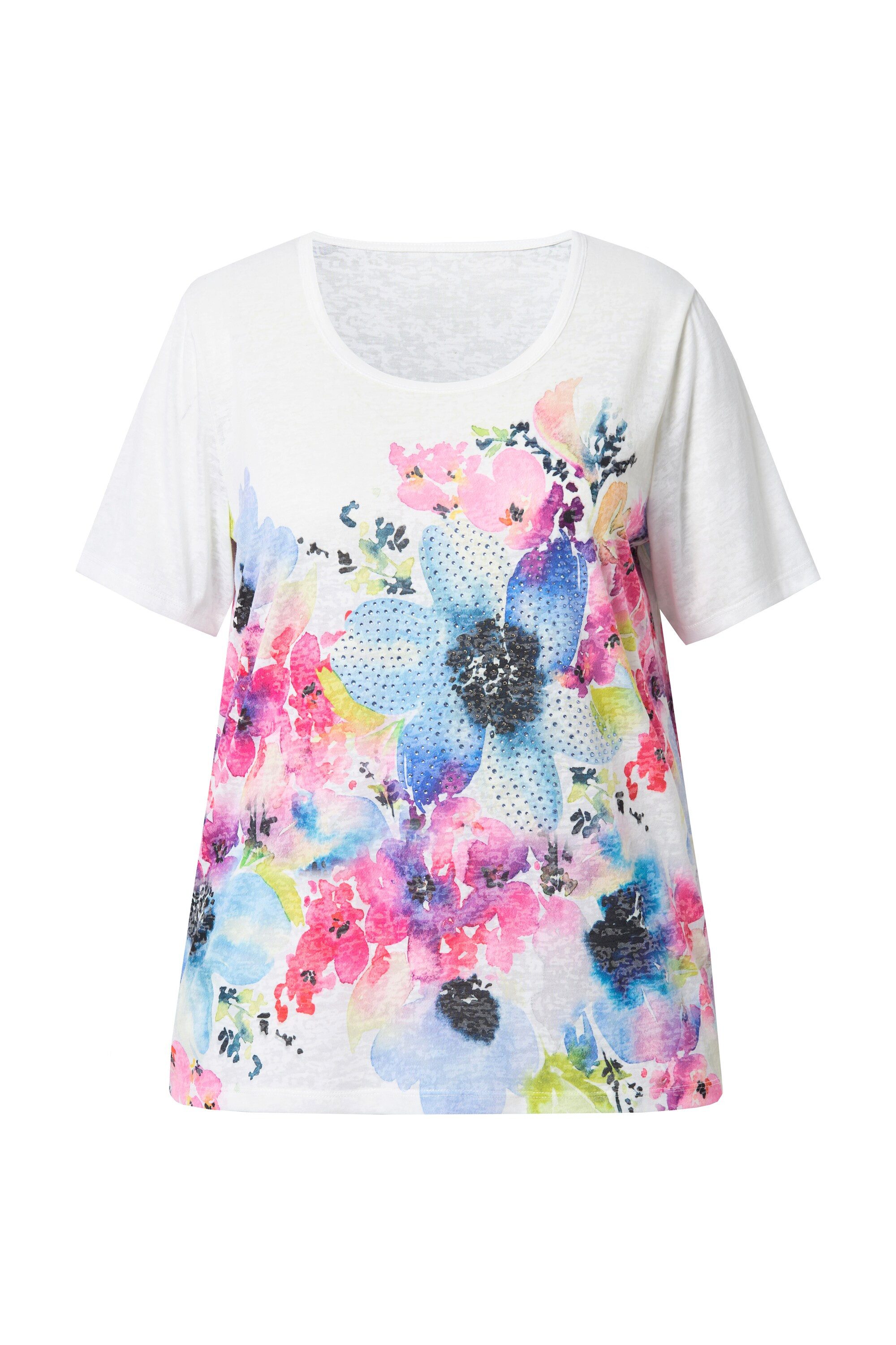 T-Shirt T-Shirt Komfort Fit Blumen-Muster Glitzersteinchen