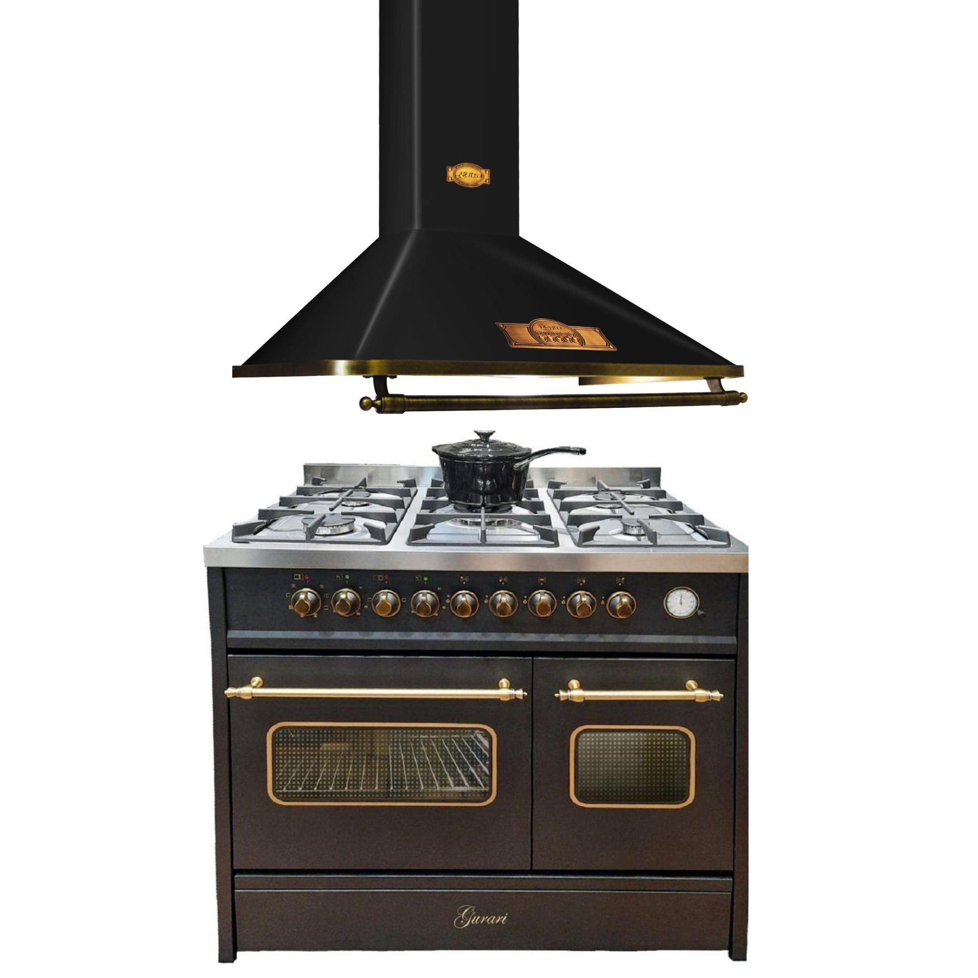 GURARI Gas-Standherd Retro Gas Elektro Standherd 90 cm, Range Coocker in Schwarz mit zwei Backöfen+Dunstabzugshaube, 90cm, 910 m³/h, Abluft Umluft GCH E 916 BL R+A 9315, mit 1-fach-Teleskopauszug, Gas Elektro Standherd 90 cm+Dunstabzugshaube, 90cm