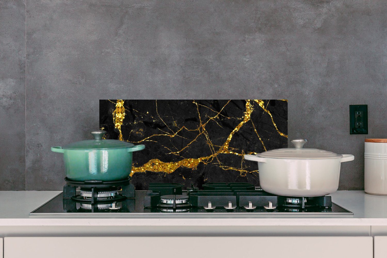 Marmoroptik und Küchen - 60x30 gegen - cm, - MuchoWow (1-tlg), Luxus - Wandschutz, Schwarz Fett Glitzer, - Marmor für Gold Schmutzflecken Küchenrückwand