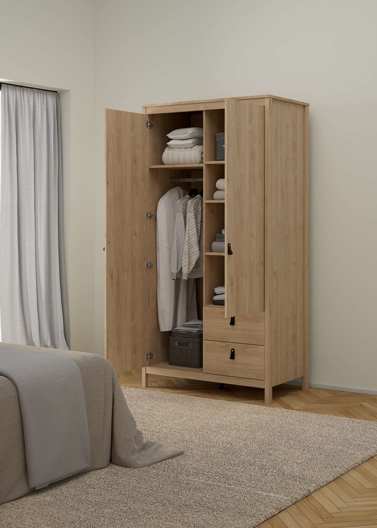 Home affaire Drehtürenschrank Madrid, Schrank, Kleiderschrank Skandinavisches Design, Wahlweise Leder- oder Metallgriffe, Spiegel