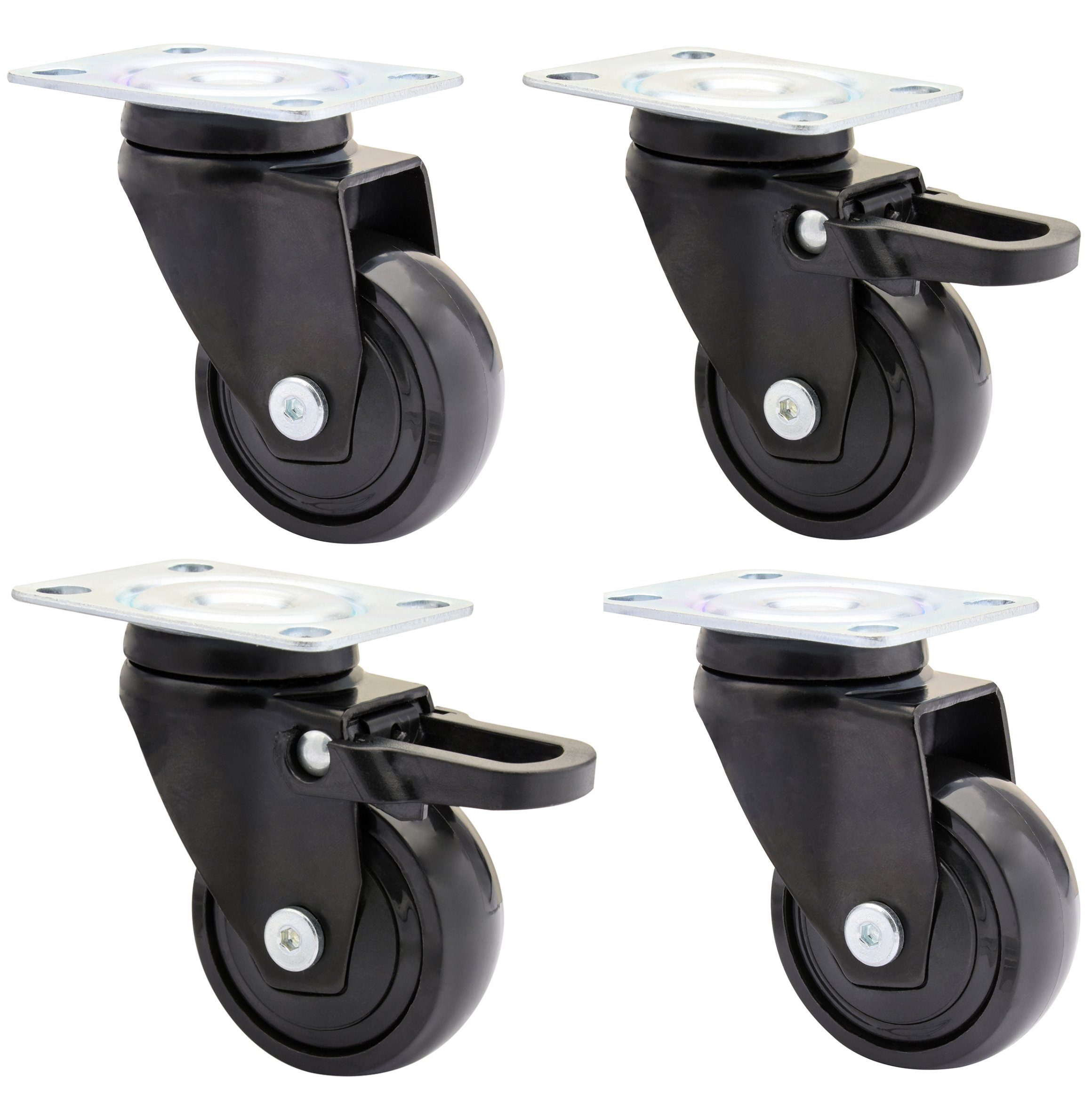 WAGNER design yourself Lenkrolle 3C - 4er Set - 2 Lenkrollen mit und 2 Lenkrollen ohne Bremse - schwarz, Kugellager, Softlauffläche, Durchmesser Ø 50 mm, Tragkraft 50 kg / Rolle