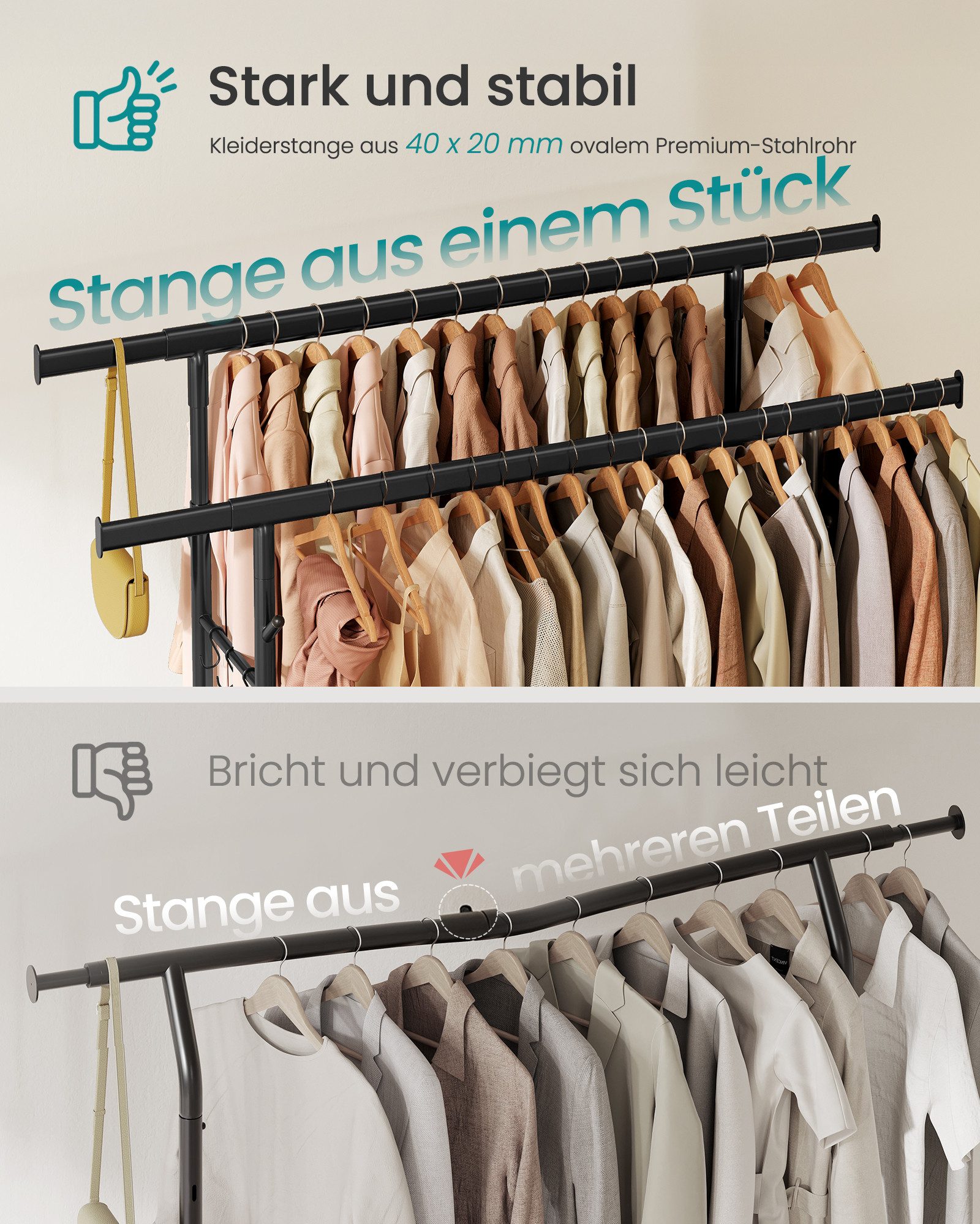 SONGMICS Kleiderständer Schwerlast-Garderobenständer, auf Rollen, einzelne/doppelte Stange, Kleiderstange, verstellbare Höhe und Breite, mit Ablage, Haken