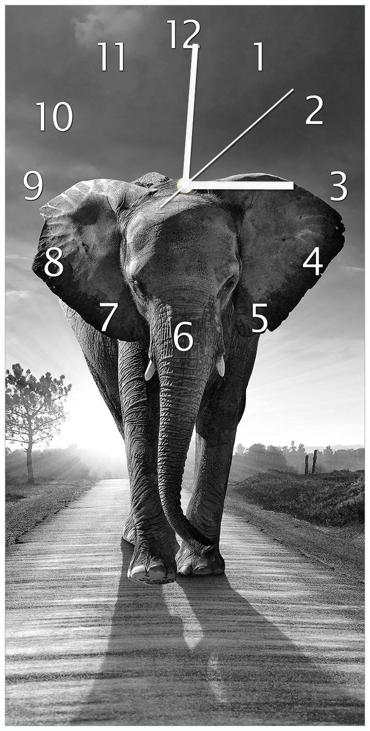 Wanduhr (Uhr aus in bei schwarzweiß Acryl) Elefant Wallario Sonnenaufgang Afrika