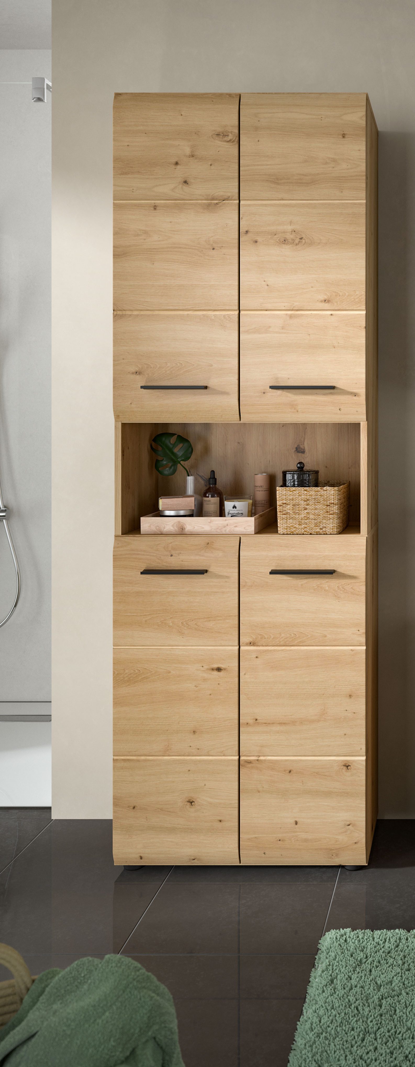 welltime Stauraumschrank FLORENZ, Höhe 185 cm, 4 oder 6 Türen, viel Stauraum (1-St., TOPSELLER) hochwertige MDF Front, Griff schwarz, Badschrank, Bad – Bild 2 von 5