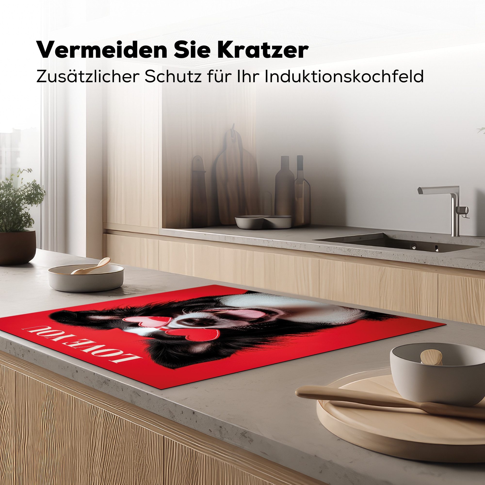 MuchoWow Herd-Abdeckplatte Hund - Herz-Brille - Loveyou - Rot, Vinyl, (1 tlg), Küche Herdabdeckung Ceranfeld Induktionsfeld Vinyl, 60x60 cm