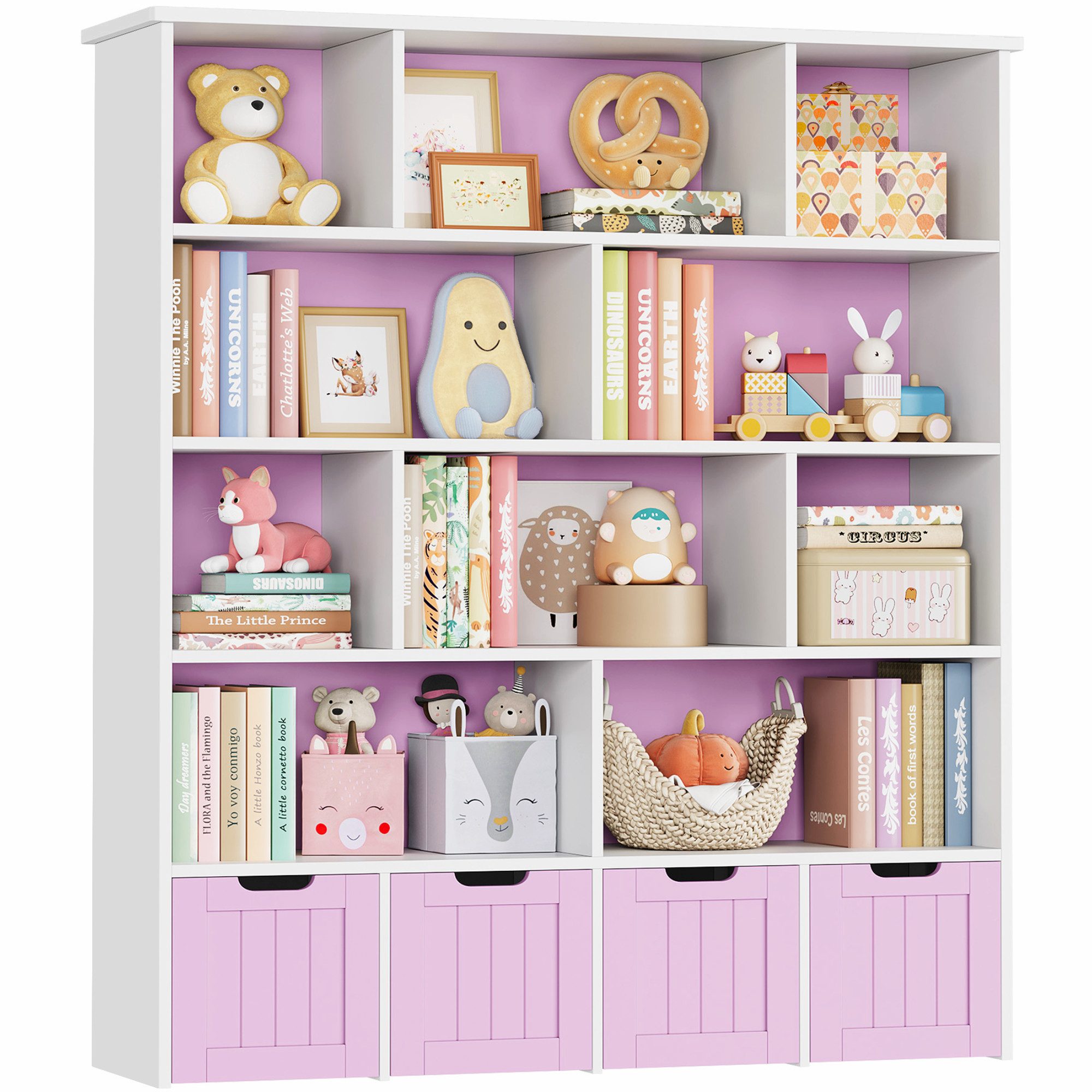 Homfa Kinderregal mit 4 Spielzeugkisten auf Rollen, Spielzeugregal mit 10 offenen Fächern Spielzeugtruhe 125x146x33cm weiß