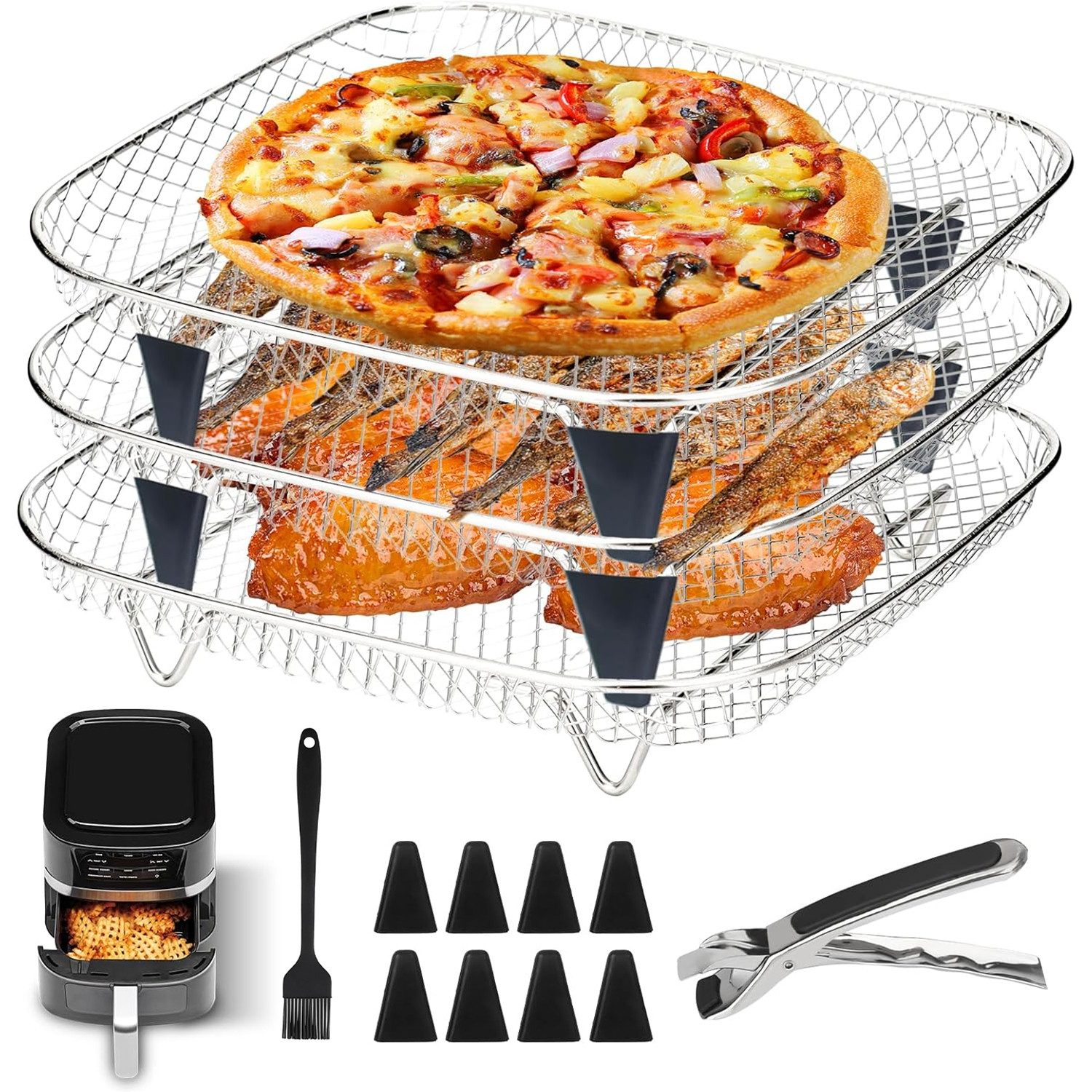 OSTWOLKE Küchenmaschinen Zubehör-Set Heißluftfritteuse Zubehör 3 Layers Air Fryer Rack Edelstahl Backblech