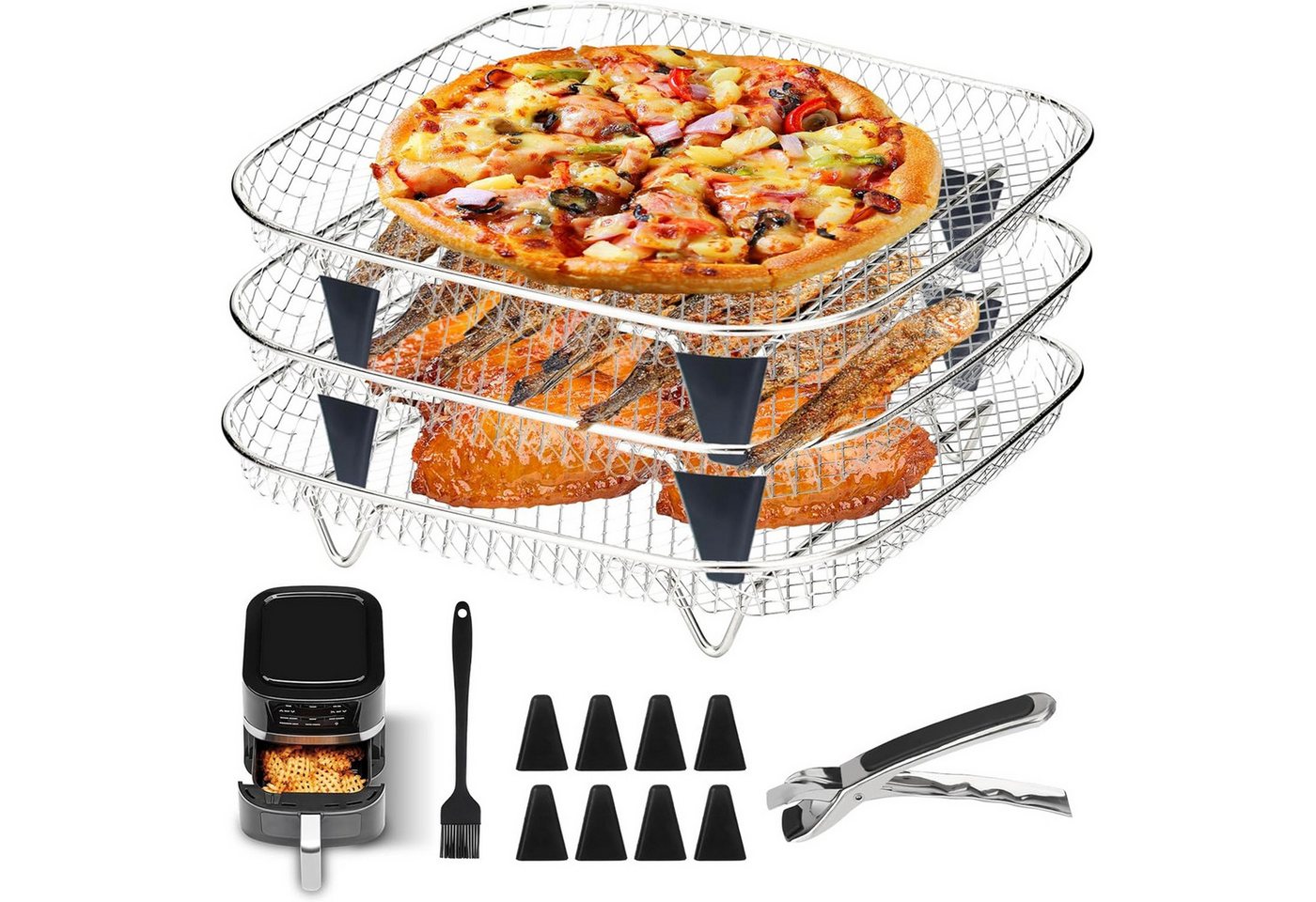 OSTWOLKE Küchenmaschinen Zubehör-Set Heißluftfritteuse Zubehör 3 Layers Air Fryer Rack Edelstahl Backblech
