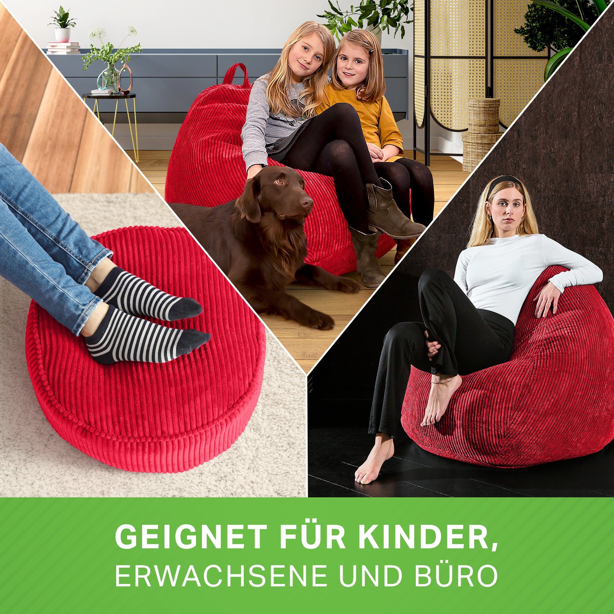 Green Bean Sitzhocker, Pouf Sitzsack Relax Sitzkissen Rot Scoop Sessel + Indoor Cord, mit