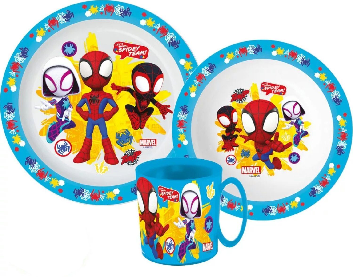Spiderman Kindergeschirr-Set Spidey und seine Freunde Kinder Frühstücksset (3-tlg), 1 Personen, Kuststoff, Teller Schüssel Becher