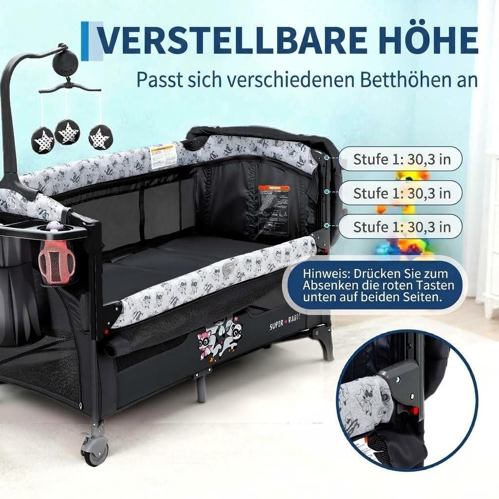 GarveeMore Babybett 5-in-1 Reisebett, faltbares Babybett für Babys mit Wickeltisch, Wiegefunktion,Hängespielzeug, 4 verstellbaren Höhen